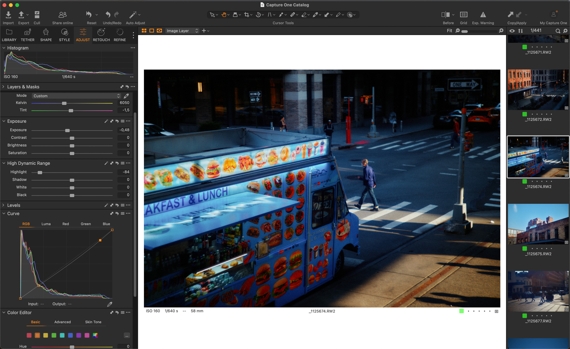 Capture one interface with an image of a food truck