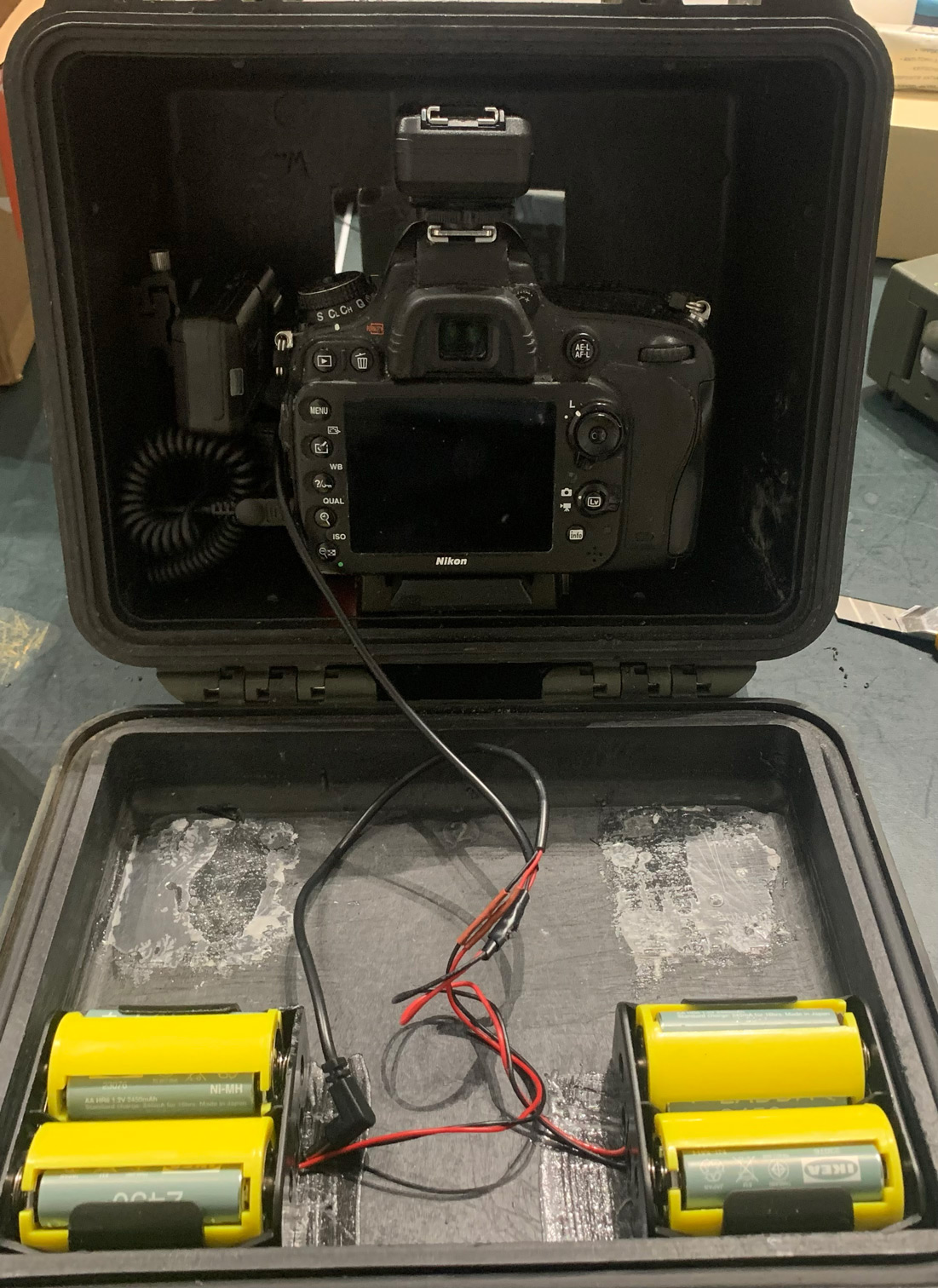 Example of a wildlife camera trap using a DSLR inside a Pelican case with batteries