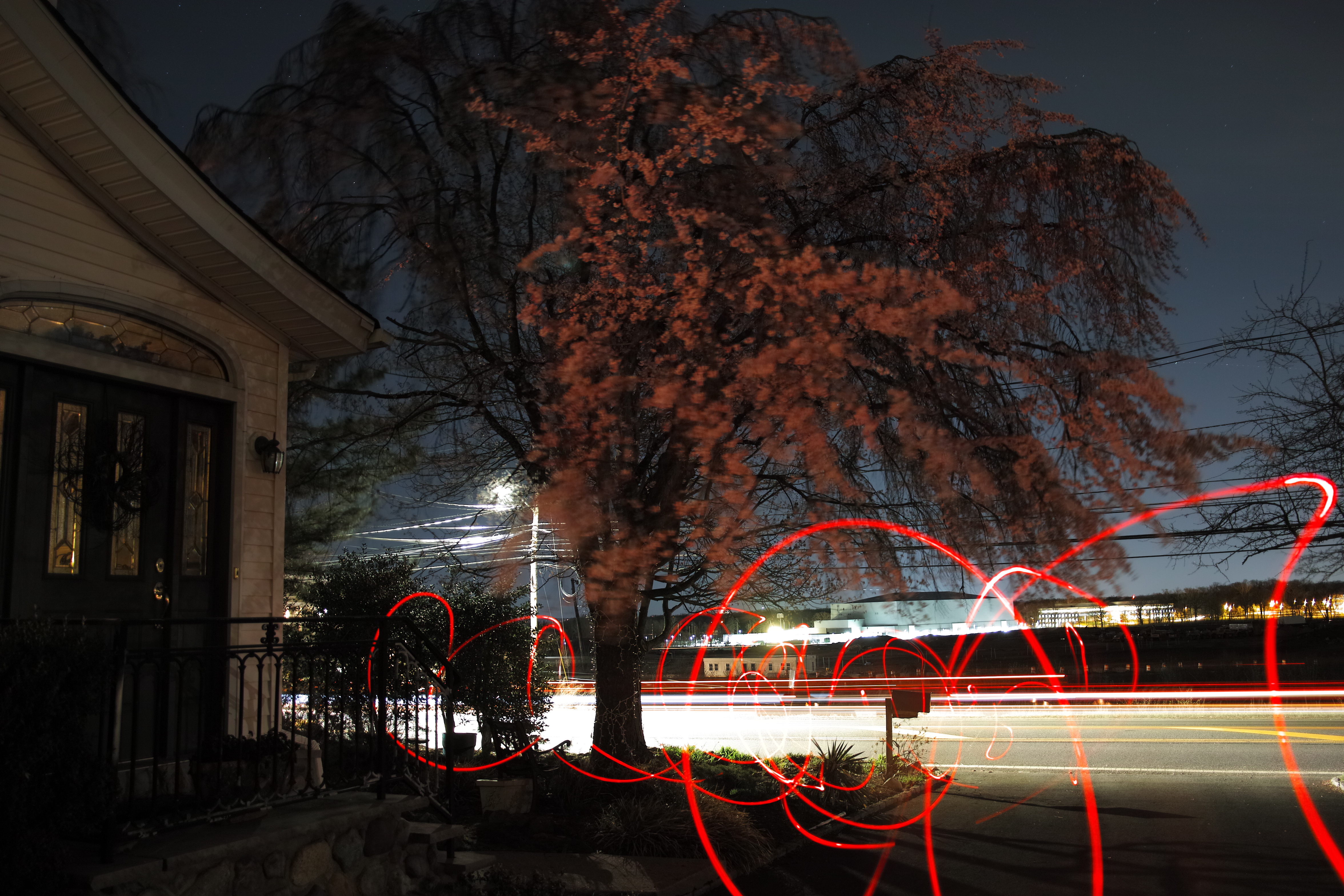 Een lichtschilderspoor wordt getoond door een nachtelijke straat met een boom met roze bladeren eraan. Door Michael Pacheco.