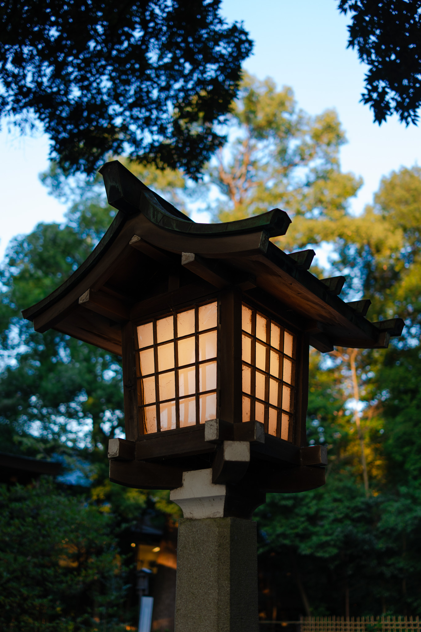 A beautiful close-up of a traditional wooden Japanese lantern glowing softly at dusk, surrounded by lush green trees, capturing the peaceful ambiance of Japanese culture. Photographed by Ruby Cruden with a Sony DSC-RX1 RM II.