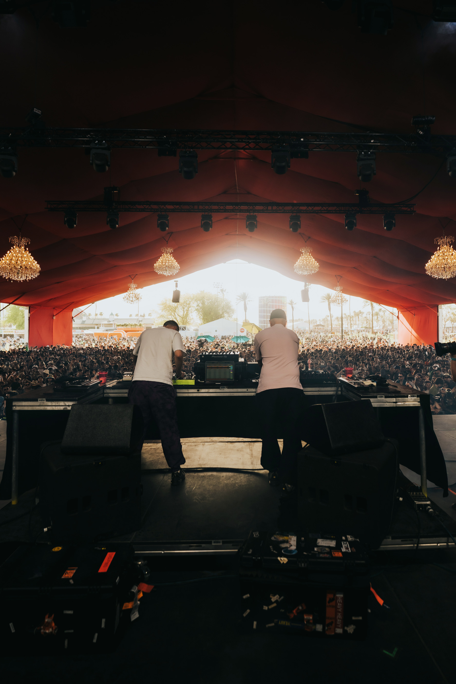 Photograph of music duo Overmono on stage during their Coachella Music Festival 2023 performance.