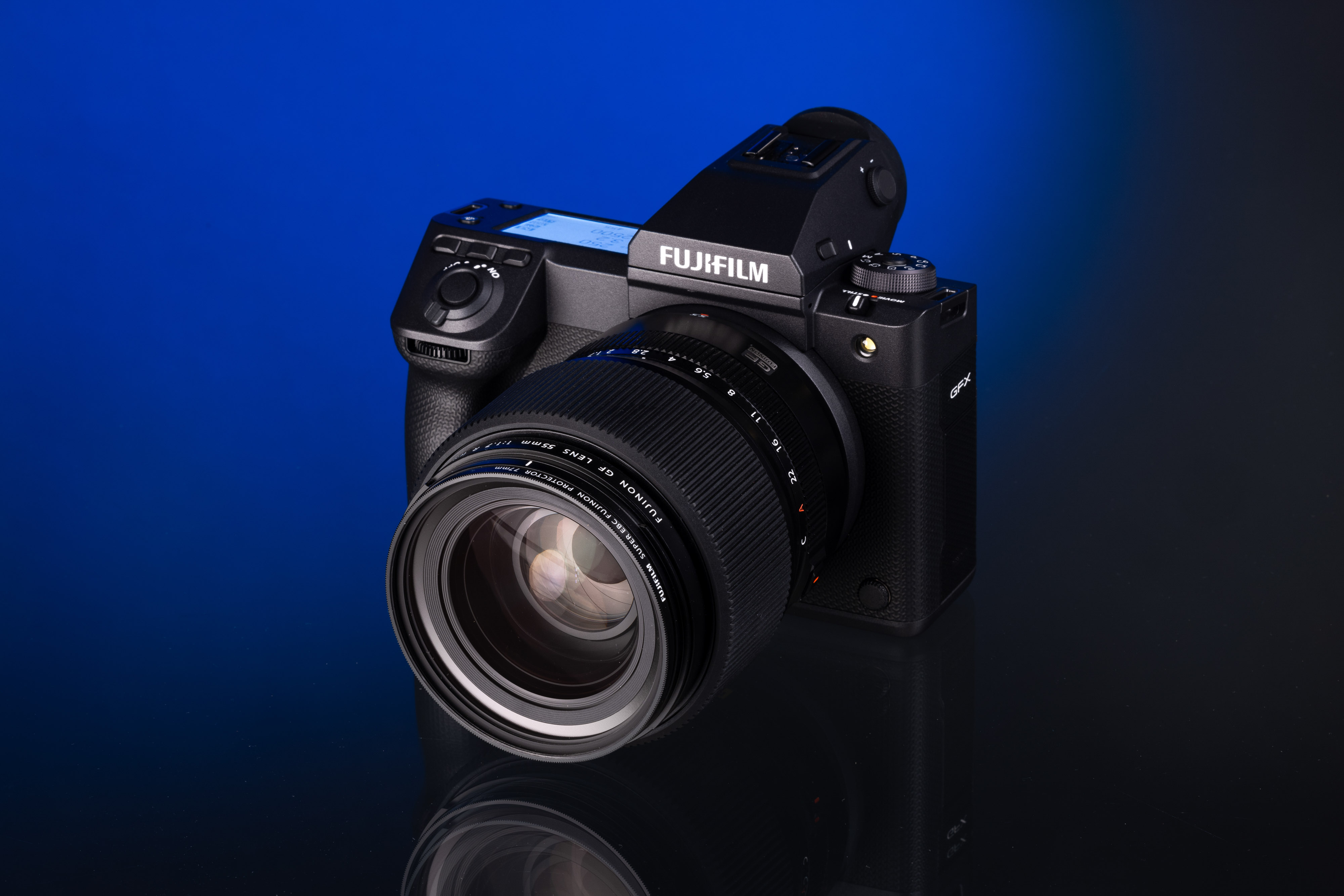 Used Fujifilm GFX 100 II on a blue and black background