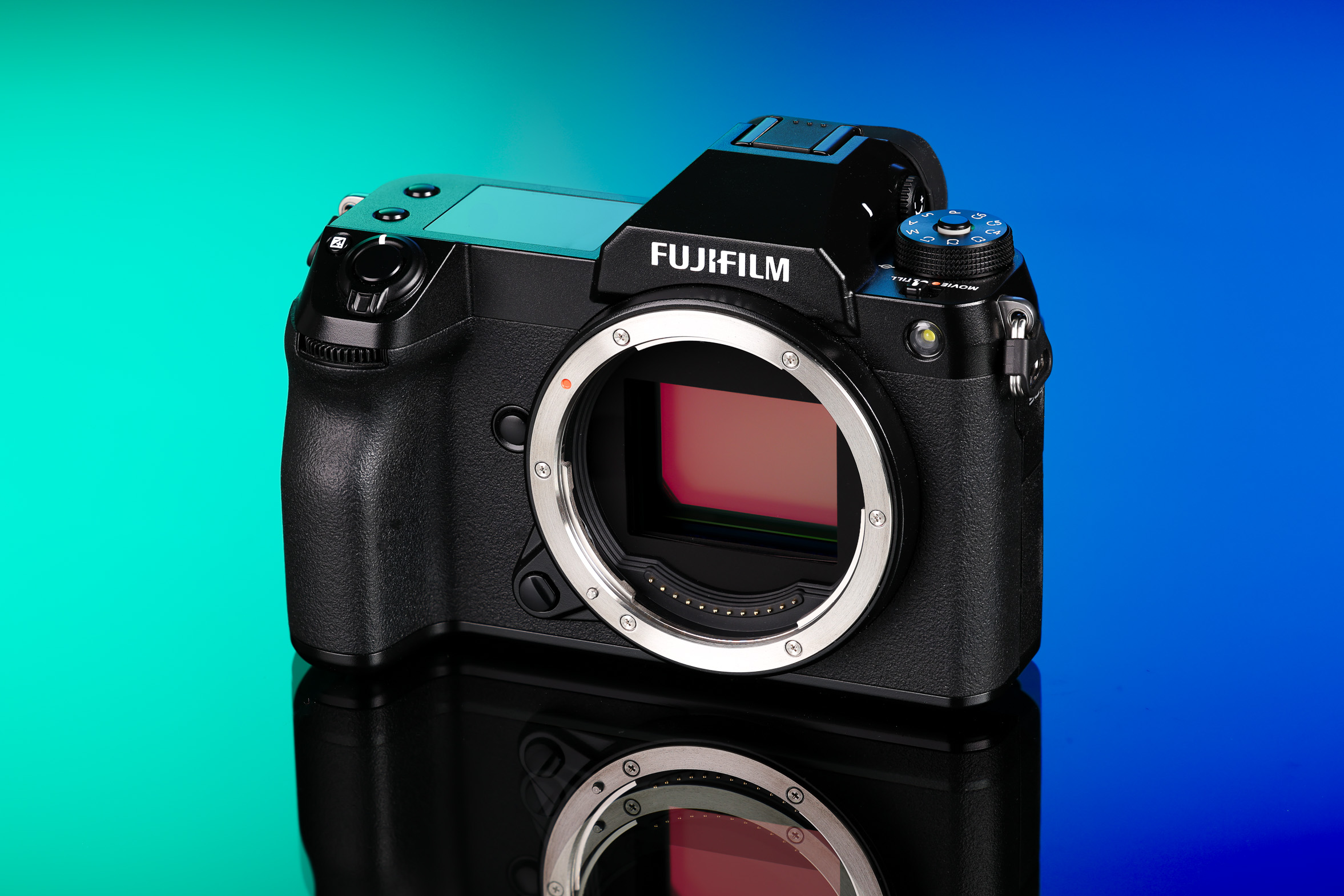 Fujifilm GFX 50S II on a dark blue and light blue background