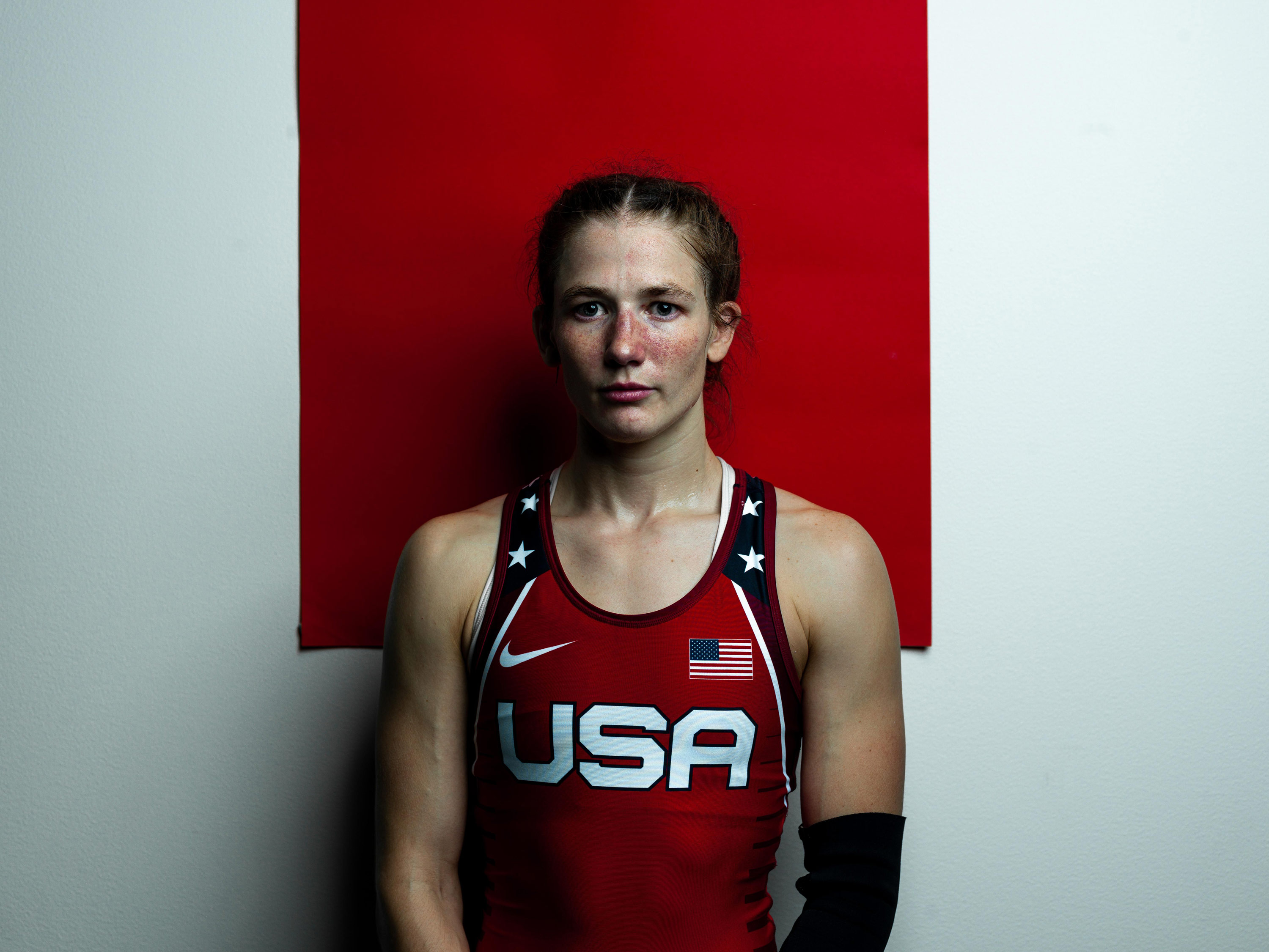 A portrait of an American wrestler, shot on Phase One P45 Plus by Theo Lowenstein