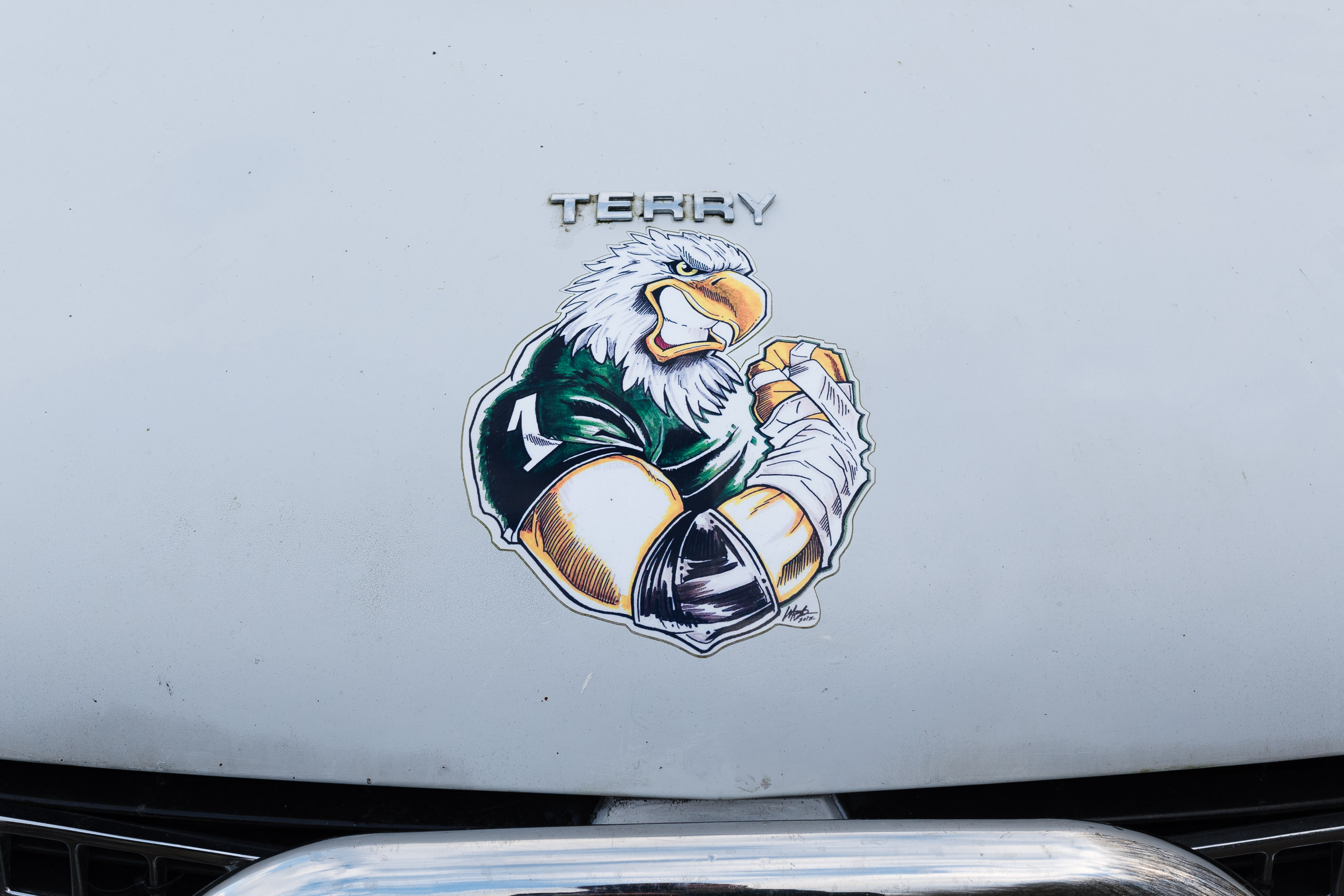 Nahaufnahme eines Autoaufklebers auf der Motorhaube eines Fahrzeugs, der eine Cartoon-Figur in Form eines Adlers zeigt. Aufgenommen mit einer Ricoh GR IV bei natürlichem Tageslicht.