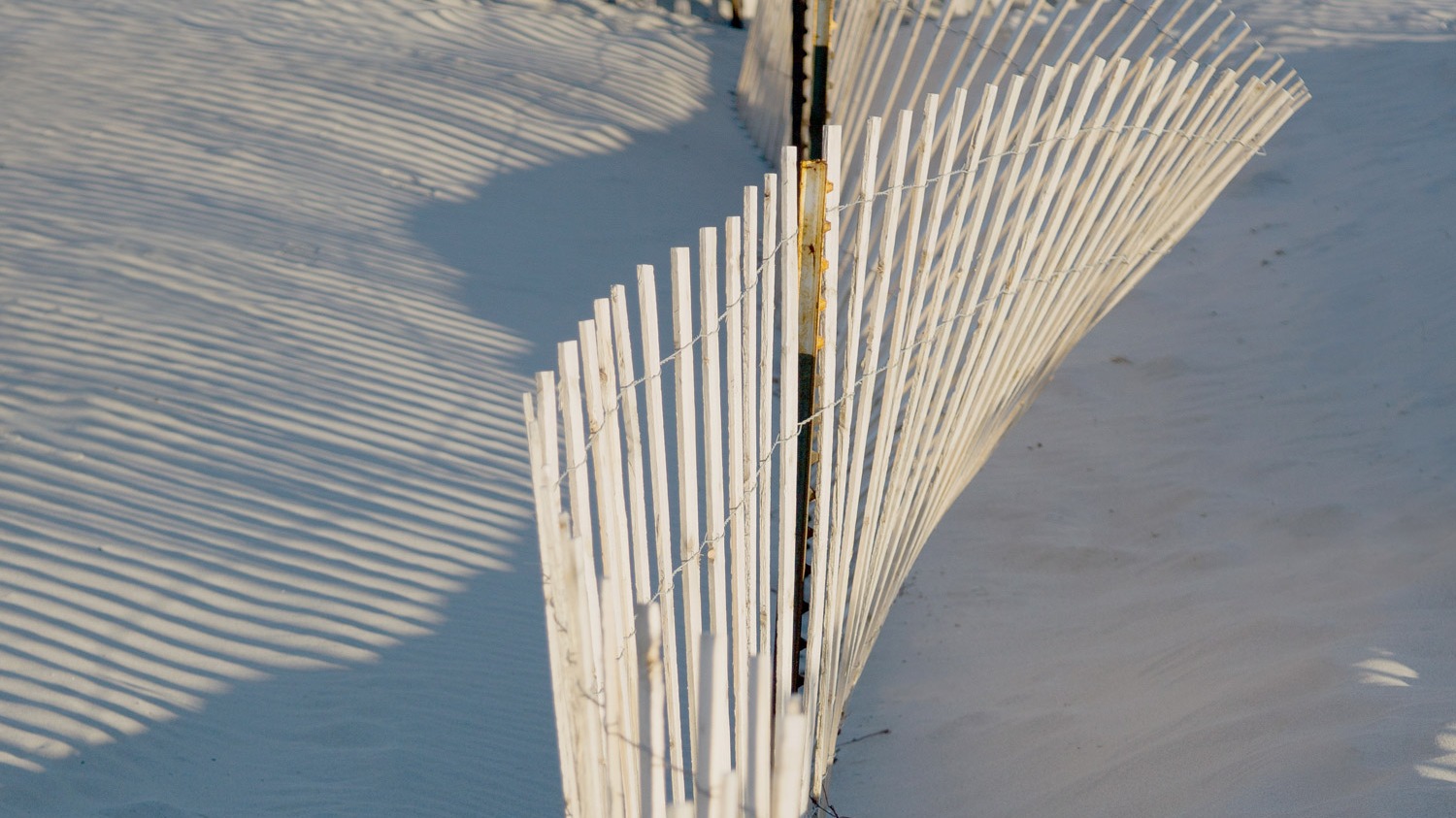 Ein Holzzaun am Strand, im Sonnenlicht und im Schatten. Aufgenommen von Kim Fuller.