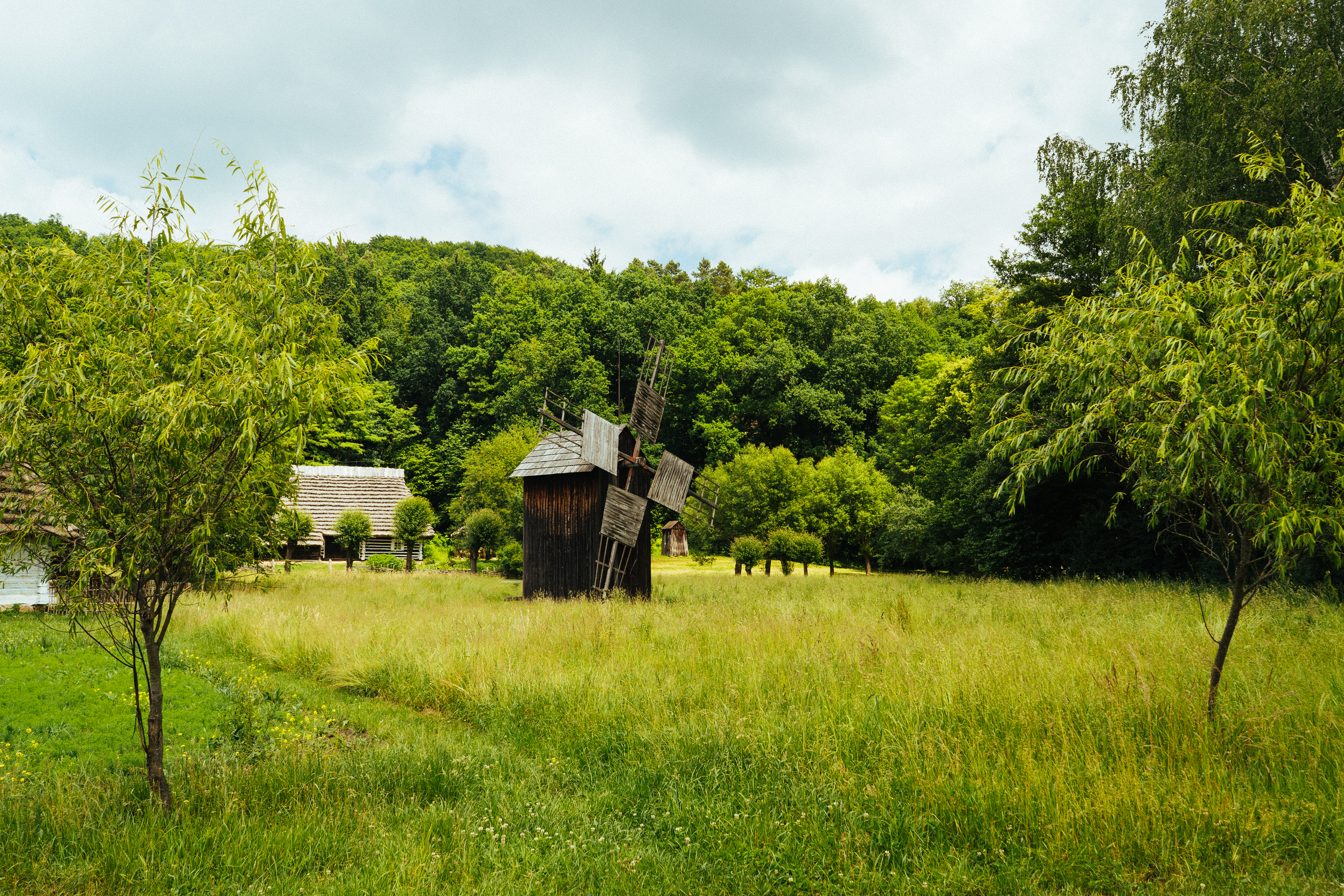 A rustic wooden windmill stands in a lush green meadow, framed by trees under a bright summer sky.