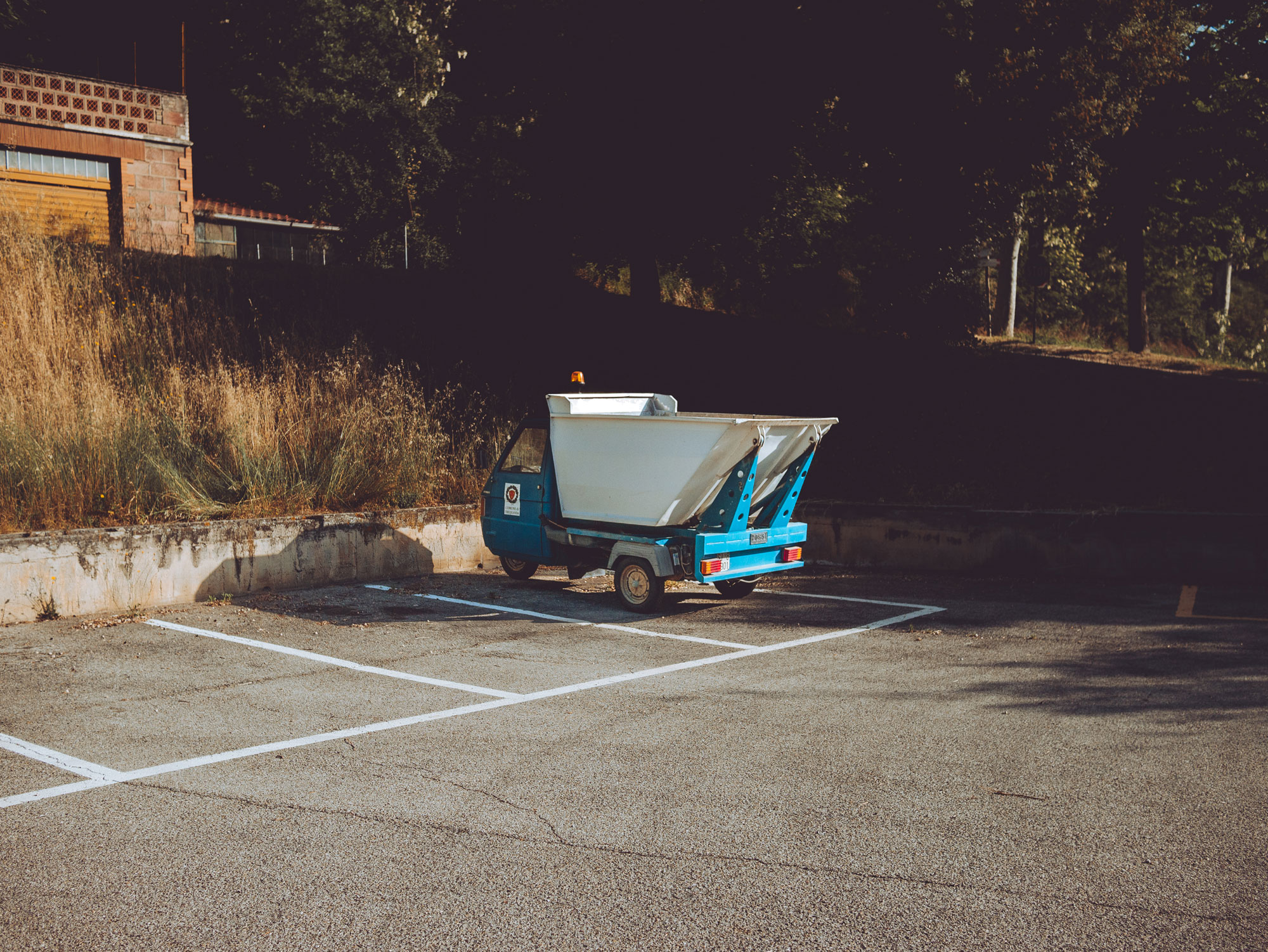 Un pick-up fourgon bleu sur une place de parking entouré d’arbres faisant de l’ombre sur le sol.