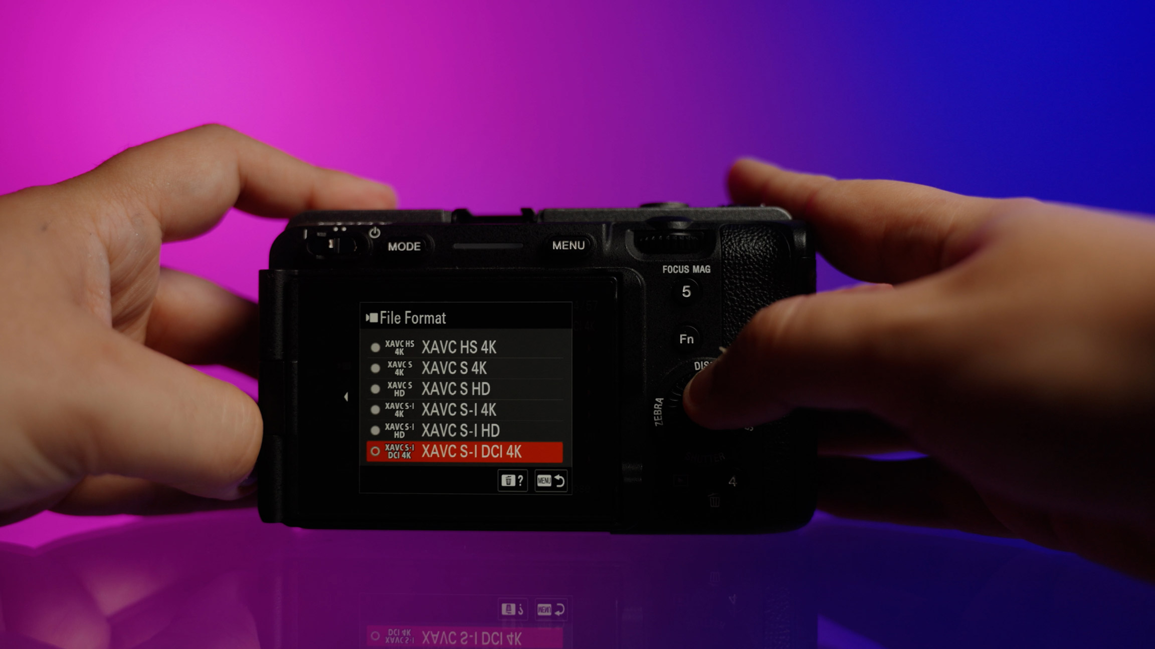 Image of File Format screen on Sony FX3.