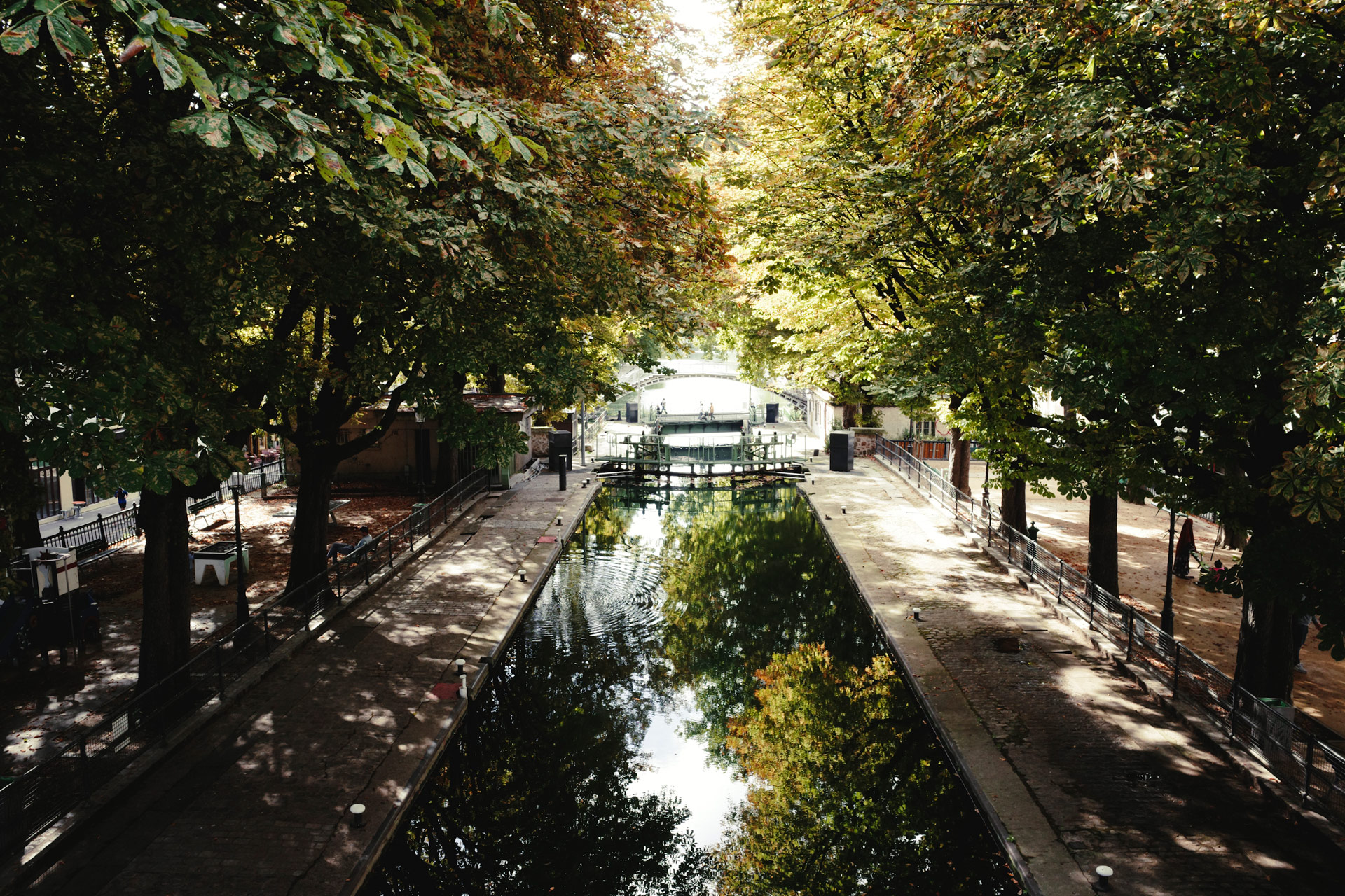 Scenic view of Canal Saint-Martin in Paris, framed by leafy trees with reflections on calm water and a footbridge in soft natural light.