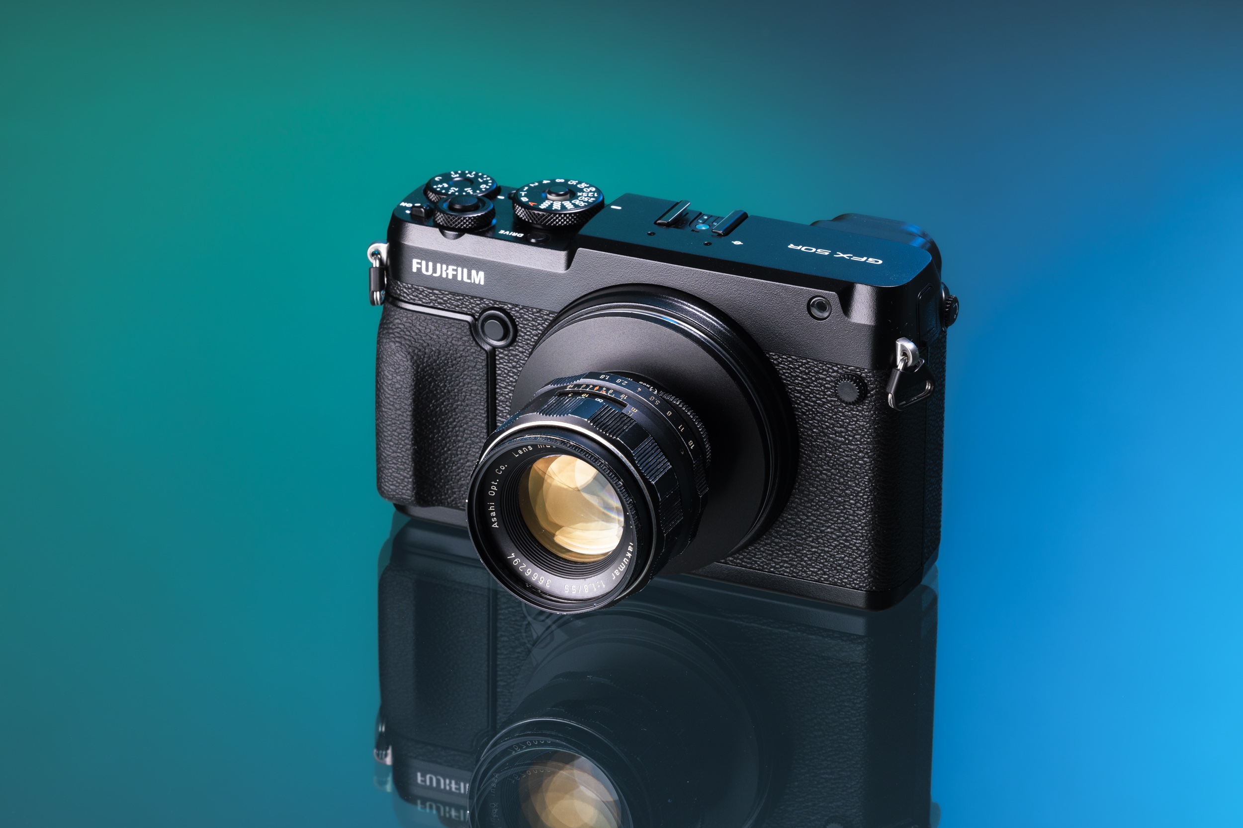 The Fujiiflm GFX 50R with the Helios 44-2 58mm f/2 vintage lens adapted onto it.

