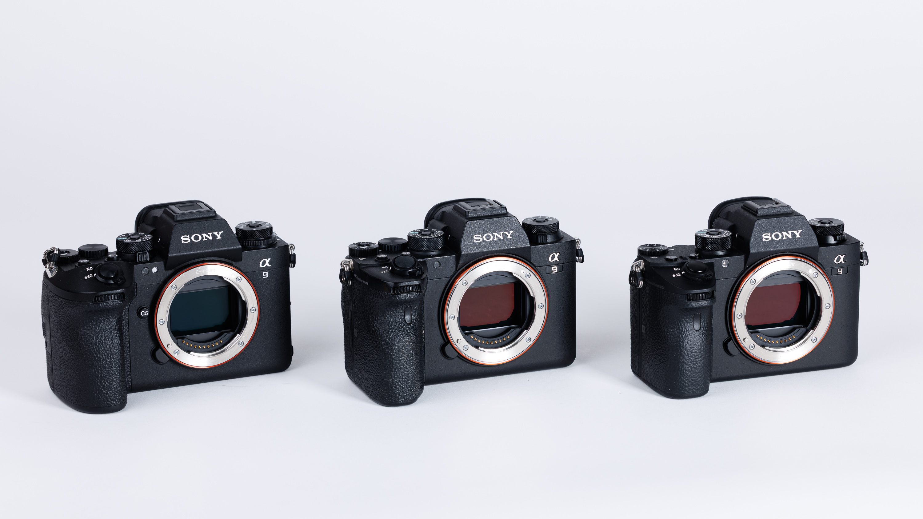 Each camera from the Sony A9 series on a white background. From L-R: A9 III, A9 II, A9 
