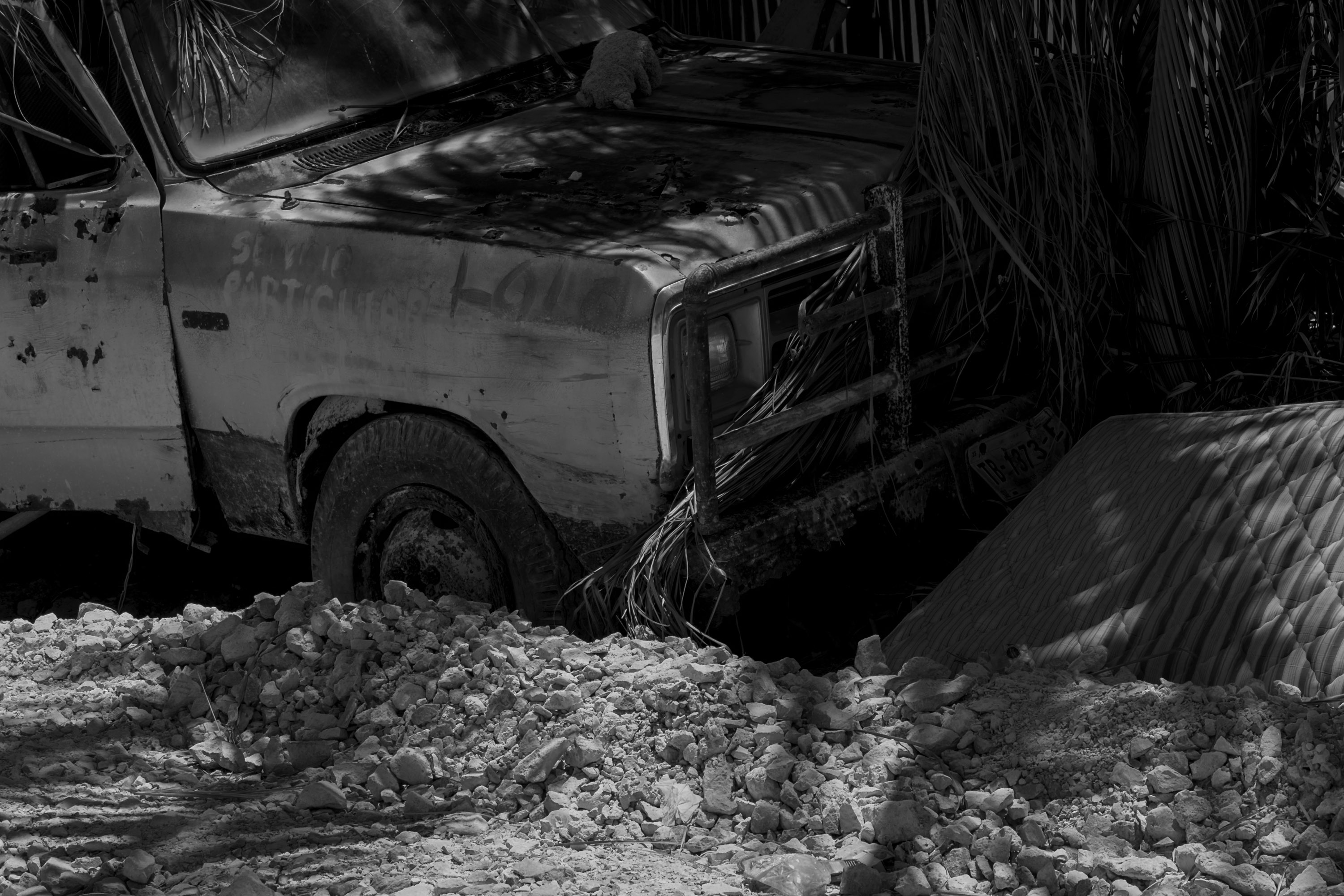 A CROPPED black-and-white image of an old abandoned pickup truck in Mexico. By Ian Howorth.