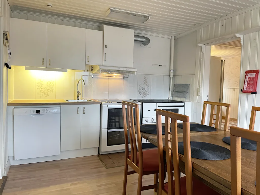 A picture of the kitchen featuring the dishwasher and oven.