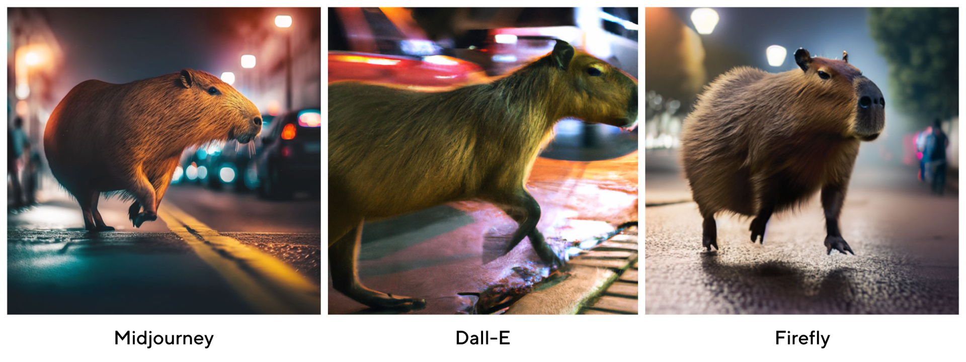 Prompt: colorful capybara jumping on the sidewalk of a busy street, lots of legs waking past, night, macro photography shallow depth of field dir vivid Muted misty
