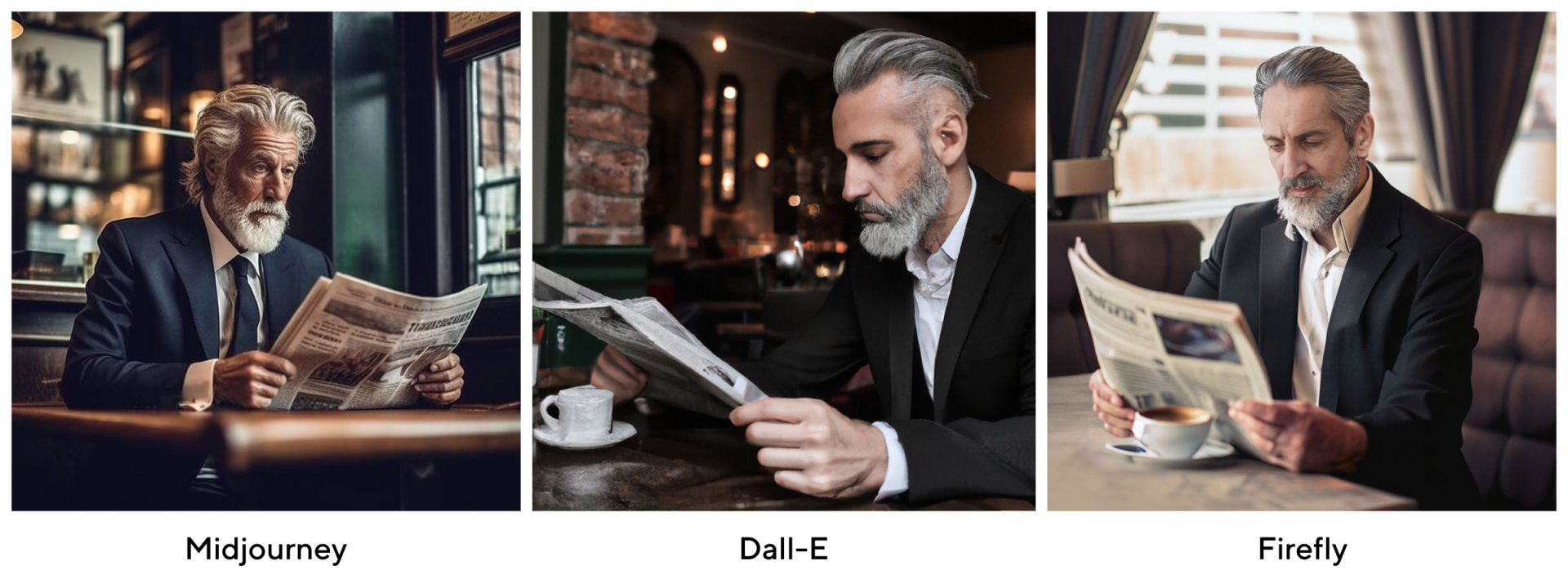 Prompt: handsome businessman with grey hair and beard in a black suit reading newspaper in an fancy coffee-shop reading newspaper, atmosphere, realistic photo.