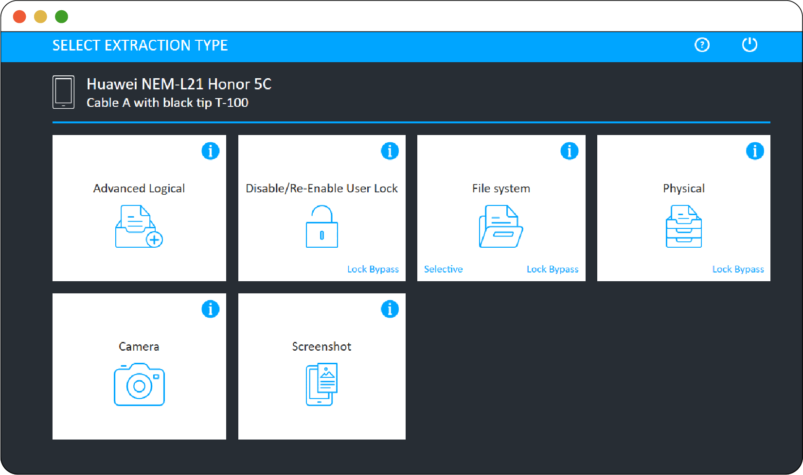 *__Figure 2.1__ shows one of the initial user interface screens of Cellebrite Universal Forensic Extraction Device (UFED). The “Select Extraction Type” screen offers various options for type of extraction and device unlocking.*