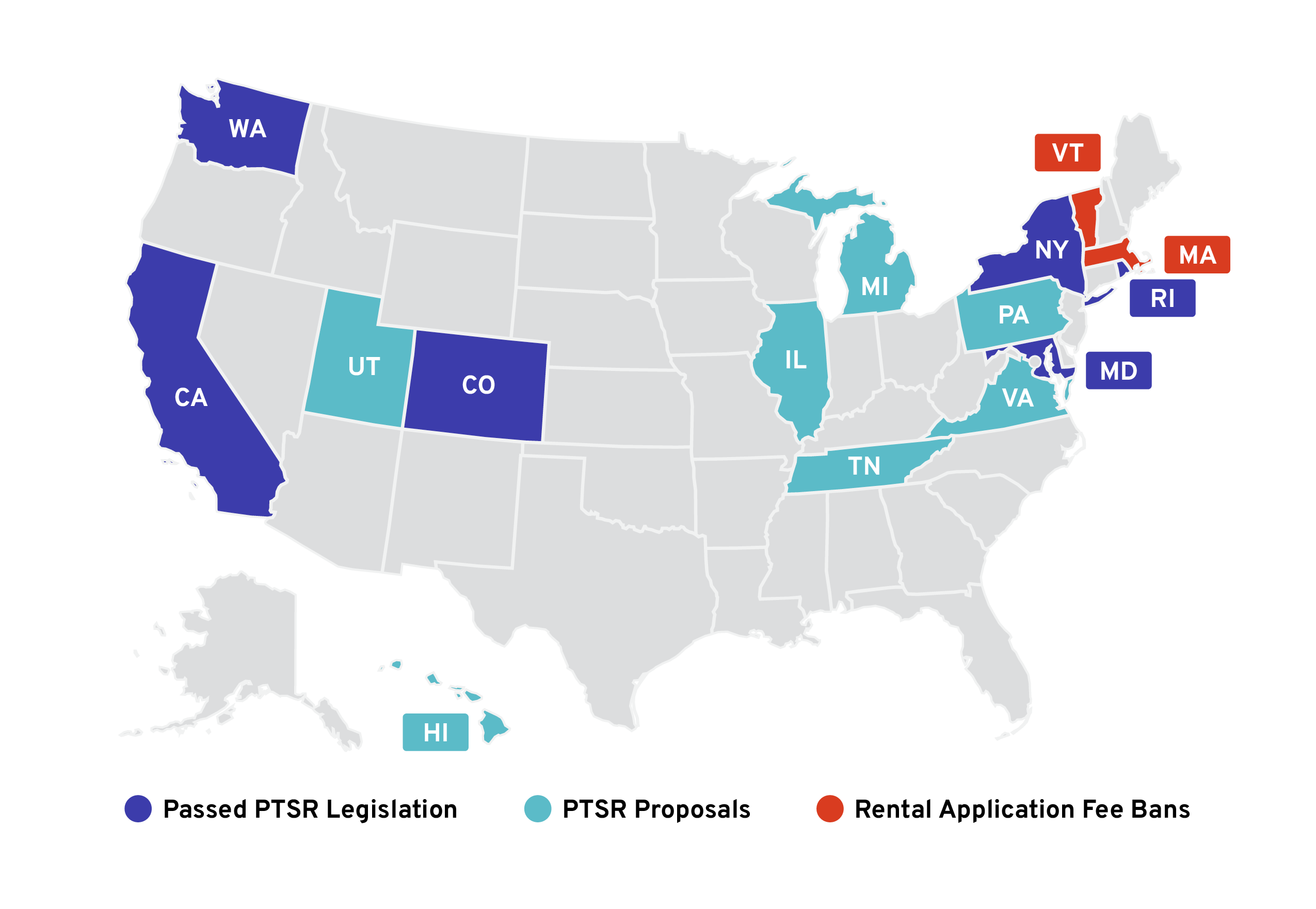 Map of US showing states with various types of PTSR legislation and their statuses.