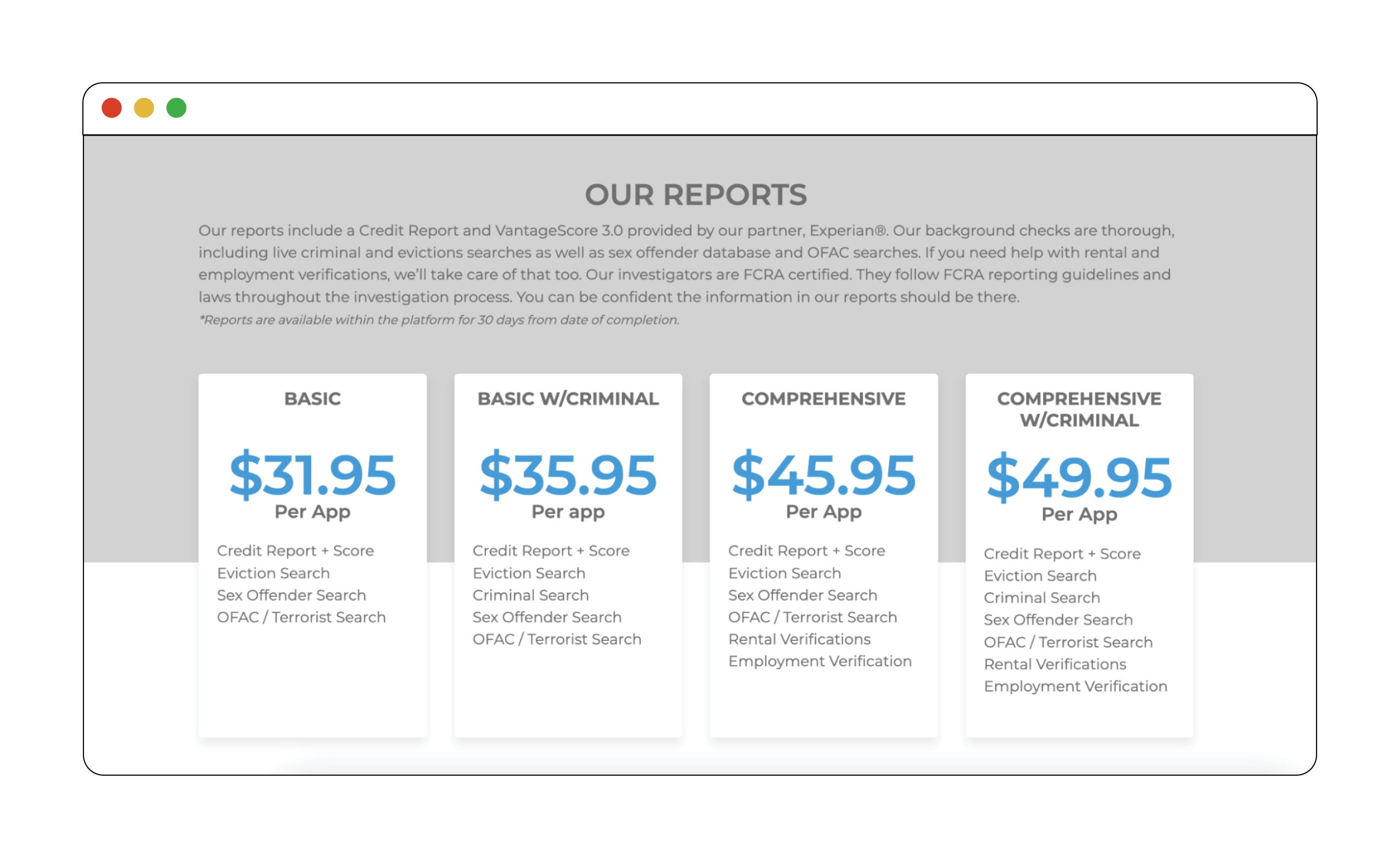 Screenshot of MyScreeningReport prices.