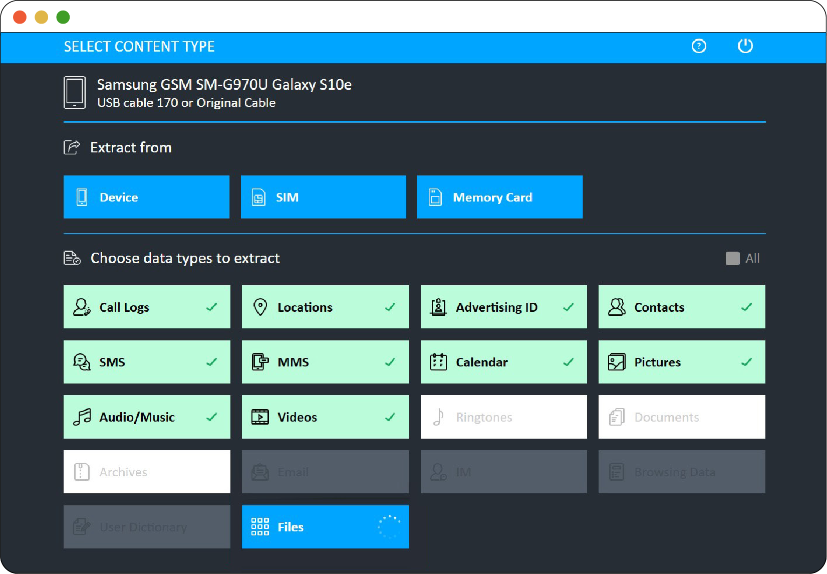 *__Figure 2.2__ shows the “Select Content Type” screen of the Cellebrite UFED user interface, where the user can select the categories of data they want to extract from the phone’s internal storage, SIM card, and/or memory card. There is a convenient option to select “All” categories.*