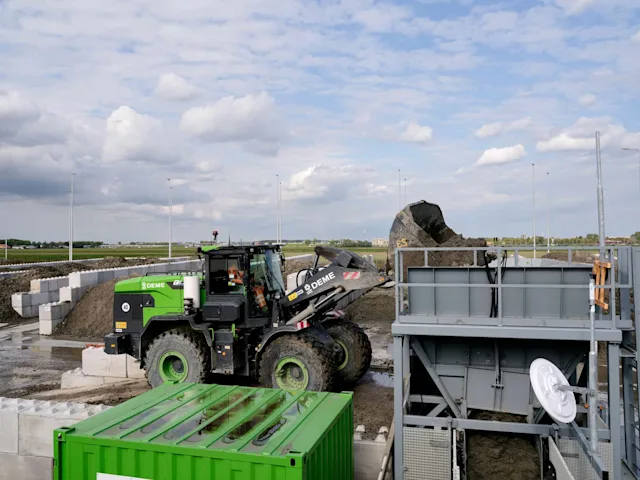Schiphol's PFAS soil treatment facility, where contaminated soil is treated and prepared for reuse as construction sand at the airport.