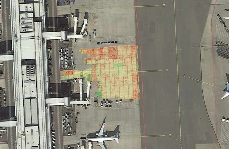 Laser-scanned aircraft stand pavement with AI damage classification — from the Schiphol article