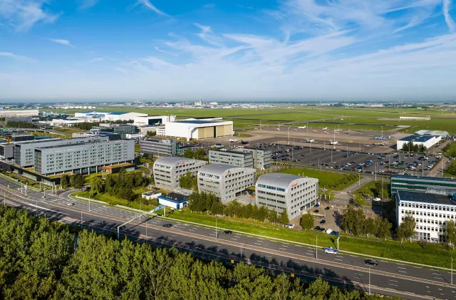 Schiphol drone shot Tristar and the airport