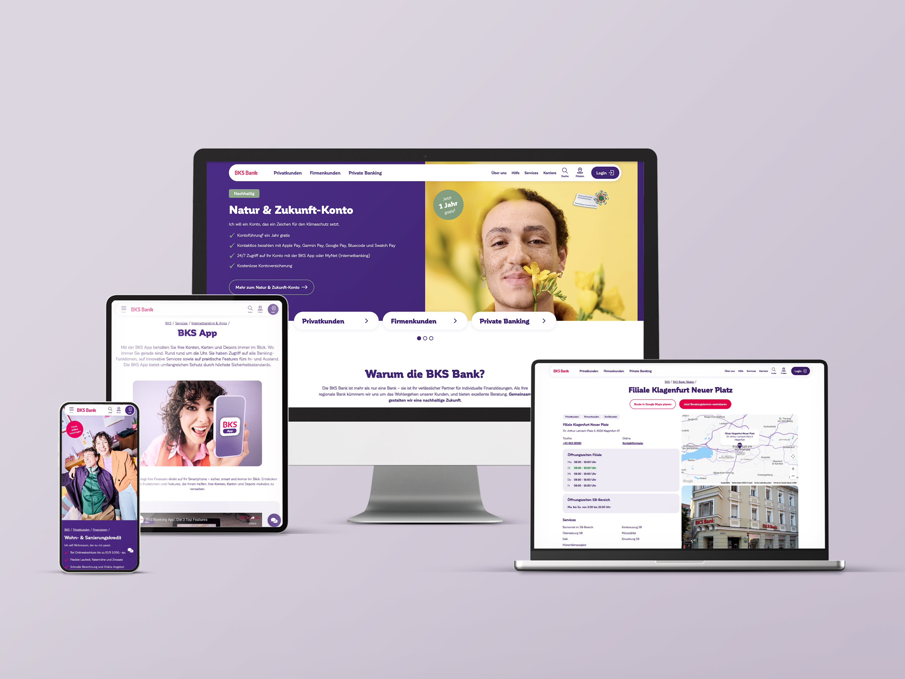 Desktop, laptop, tablet, and smartphone displaying the BKS Bank website on different devices