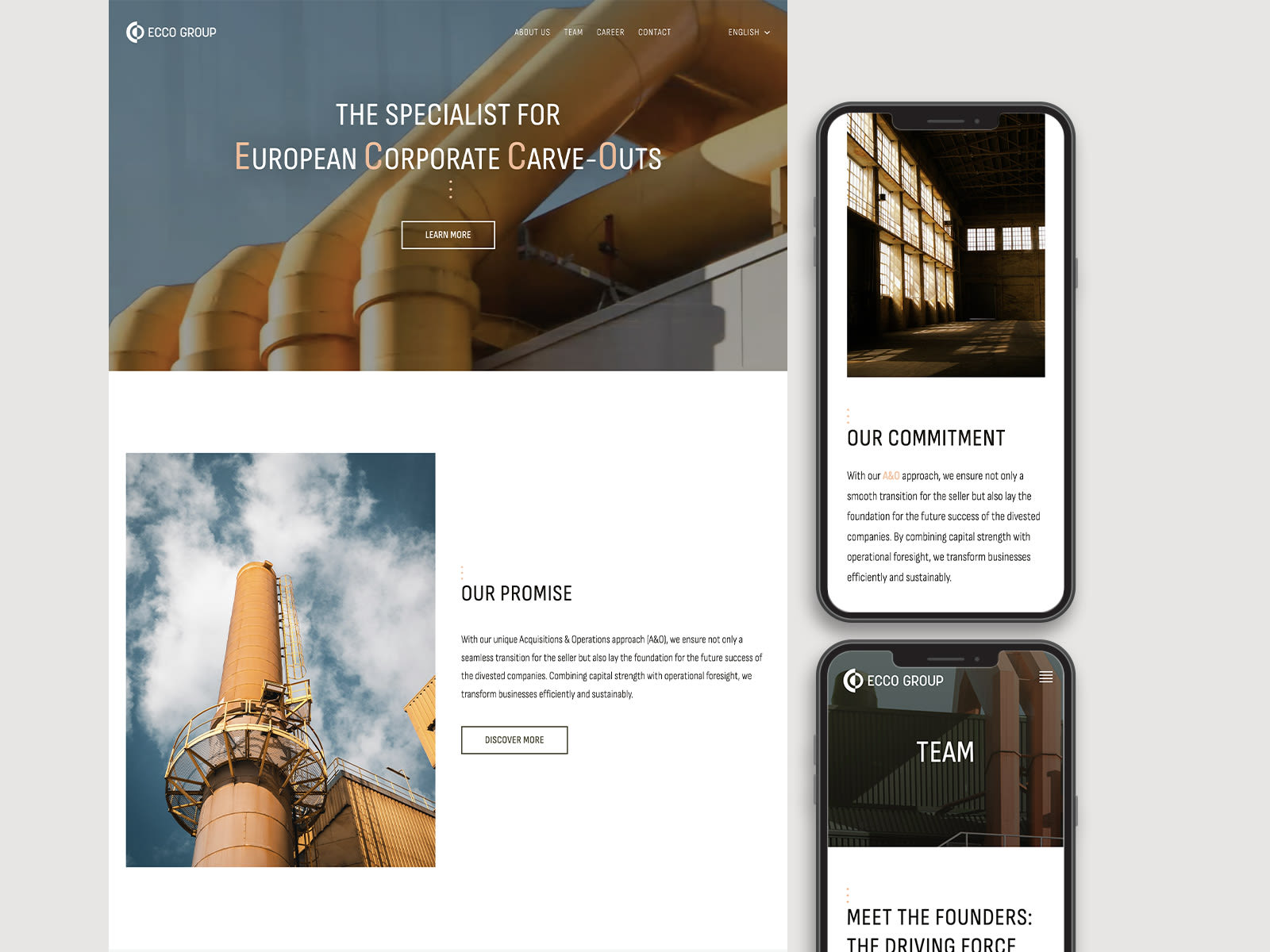 Website of ECCO Group on the left in desktop size and on the right in mobile view Website of ECCO Group on the left in desktop size and on the right in mobile view