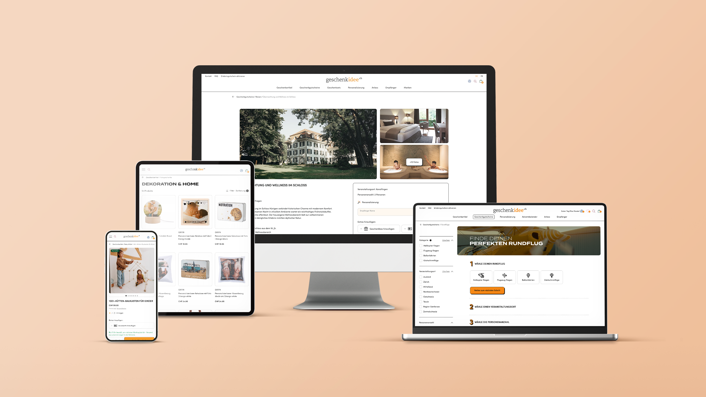 Desktop, laptop, tablet, and smartphone displaying the Geschenkidee website on different devices Desktop, laptop, tablet, and smartphone displaying the Geschenkidee website on different devices