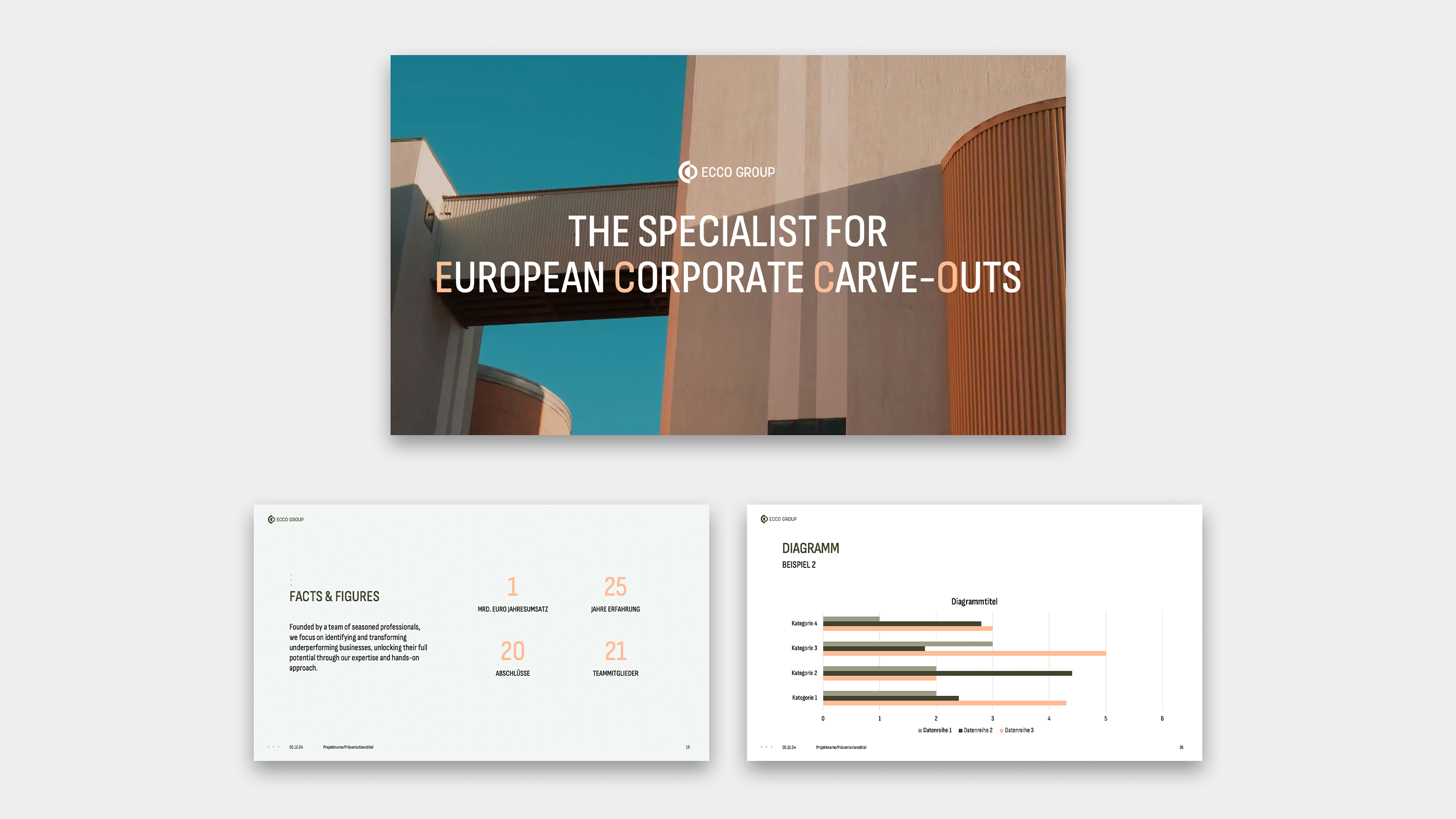 Three slides of the ECCO Group PowerPoint template Three slides of the ECCO Group PowerPoint template