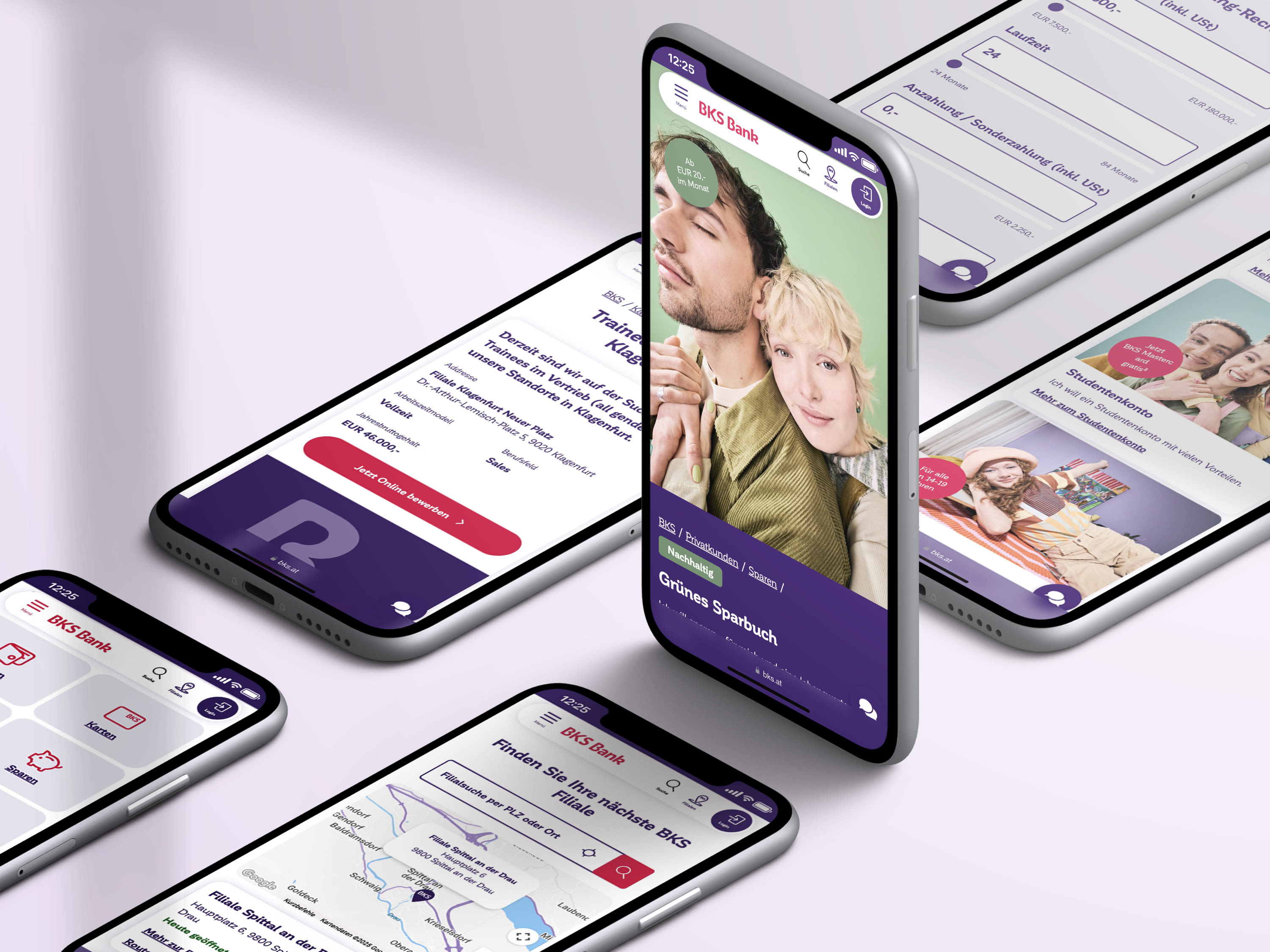 Two rows of lying smartphones displaying different pages of the BKS Bank site. One smartphone in the center is standing upright