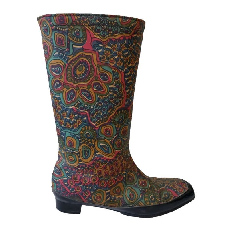 Thrilling Vintage Mid-Calf Multicolor Abstract Print Block Heel Boots