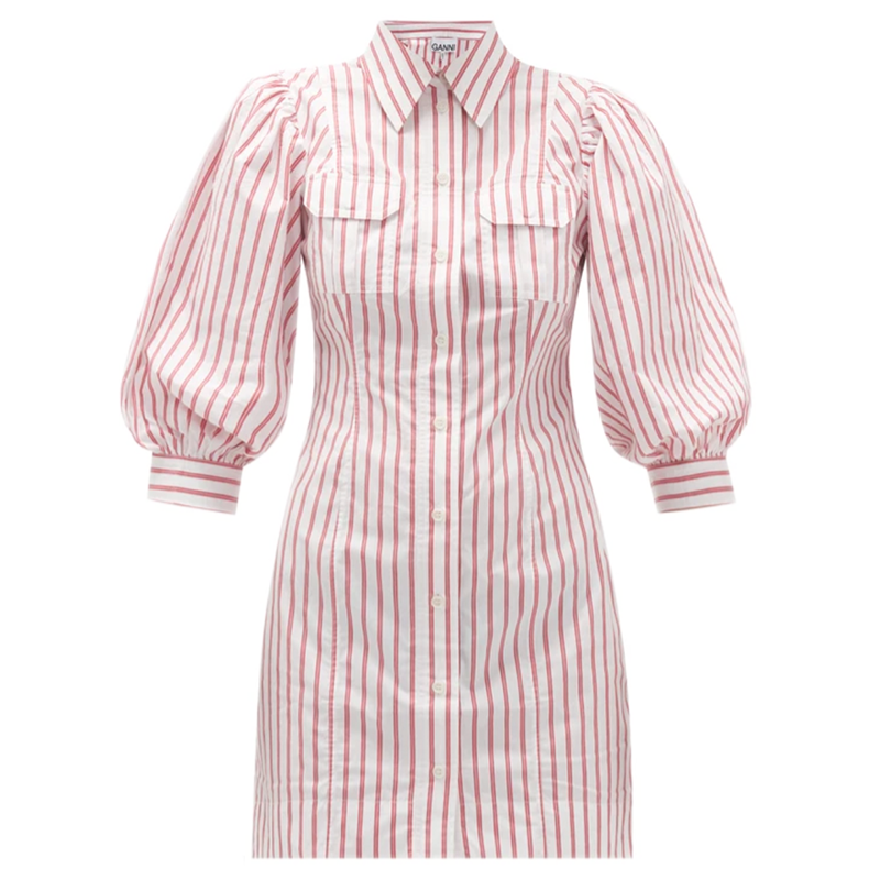 Ganni striped balloon sleeve cotton mini dress