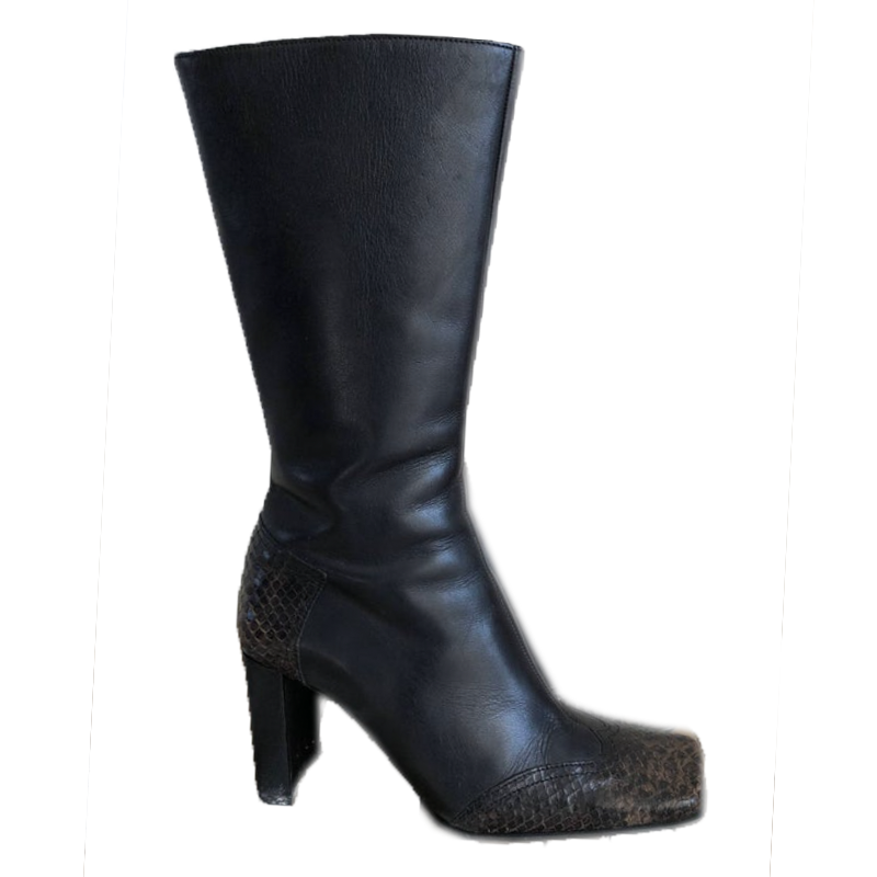 Etsy Vintage Mid-Calf Leather and Snake Block Heel Boots