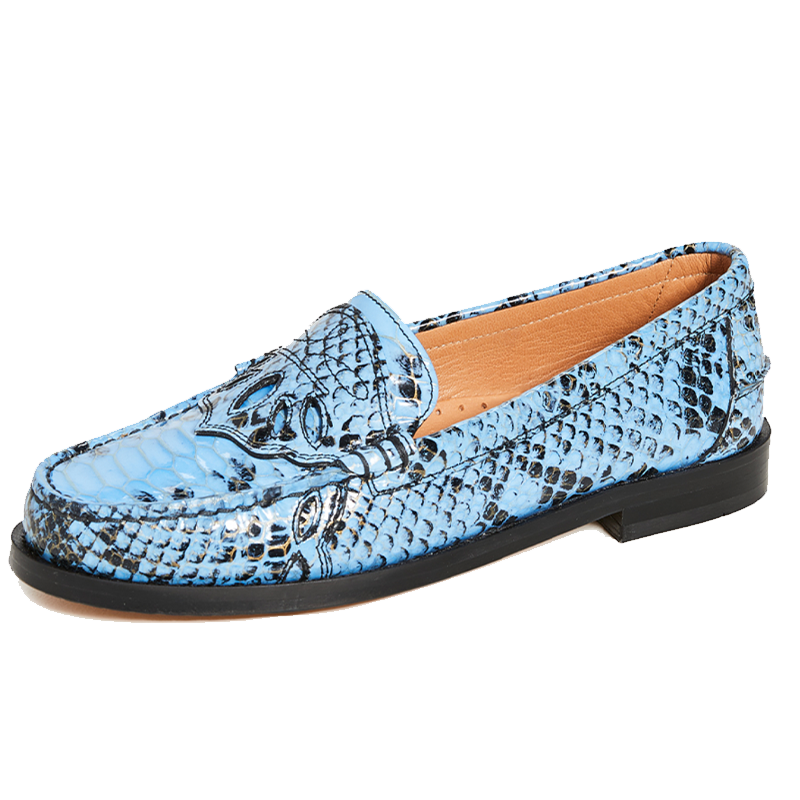 Ganni Blue Snake-Embossed Loafers