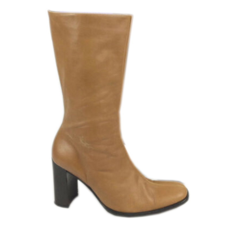Mid-Calf Tan Leather Block Heel Boots
