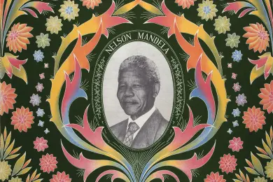 A colourful Vlisco Java fabric portraying Nelson Mandela