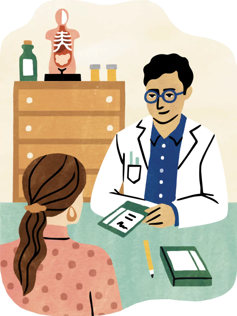 Illustration of a woman at a desk with a doctor