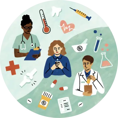 Illustration of a woman in a circle between a doctor and a pharmacist 