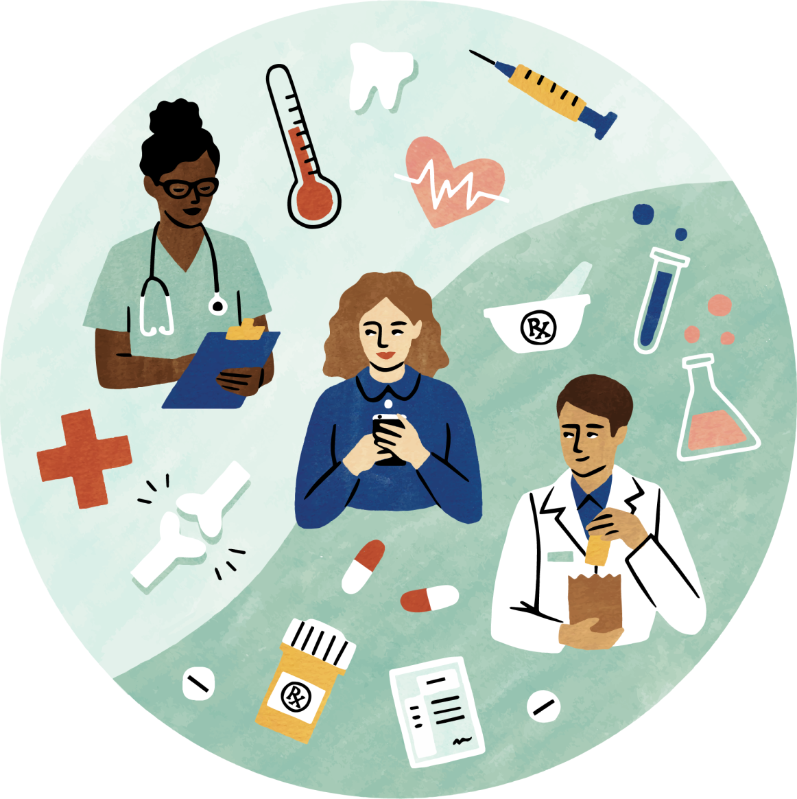 Illustration of a woman in a circle between a doctor and a pharmacist 