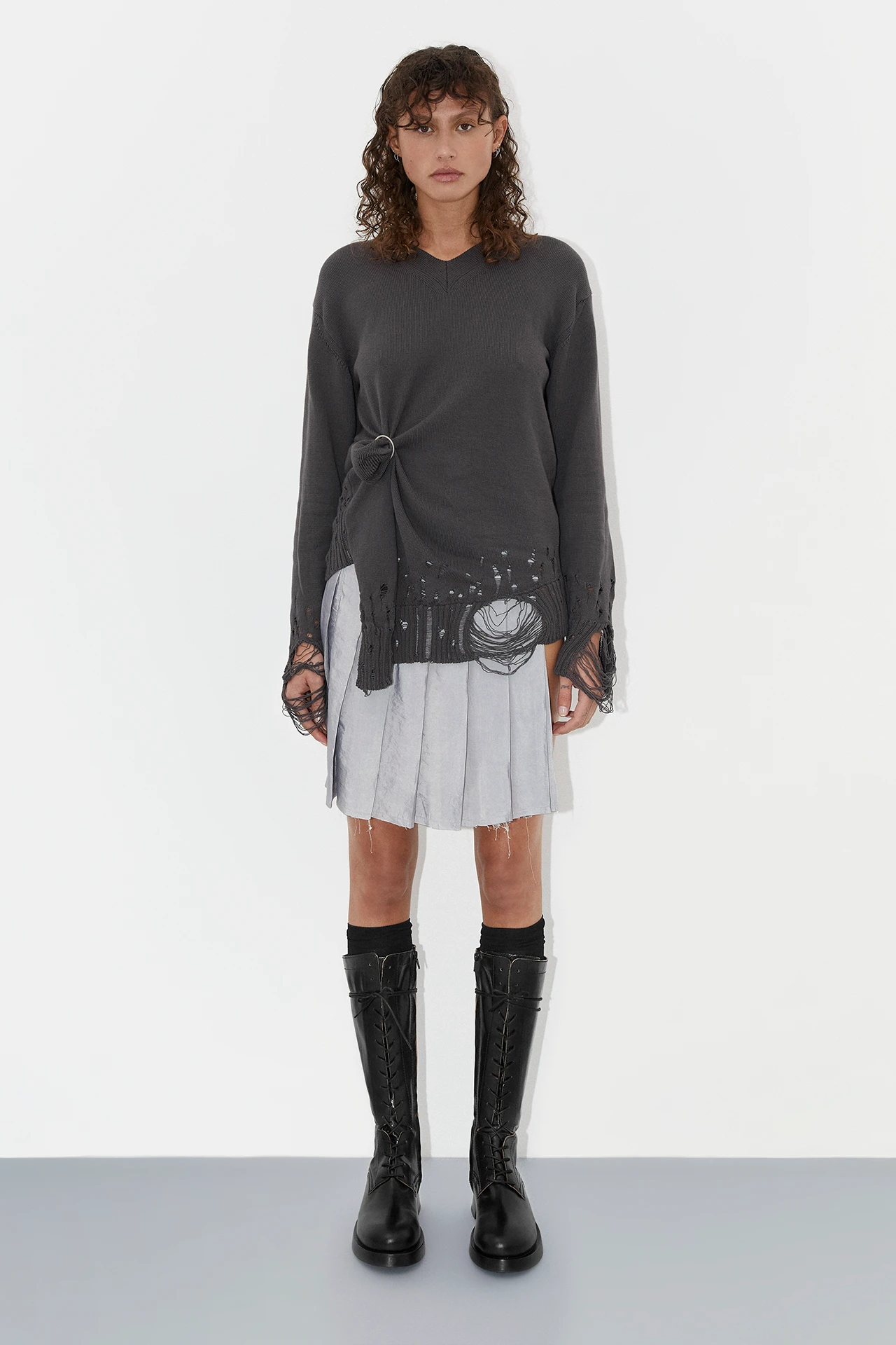 Total-mera-black-cord-tall-boots-lilyana-distressed-light-grey-knit-jumper-clare-washed-grey-wrap-skirt-01