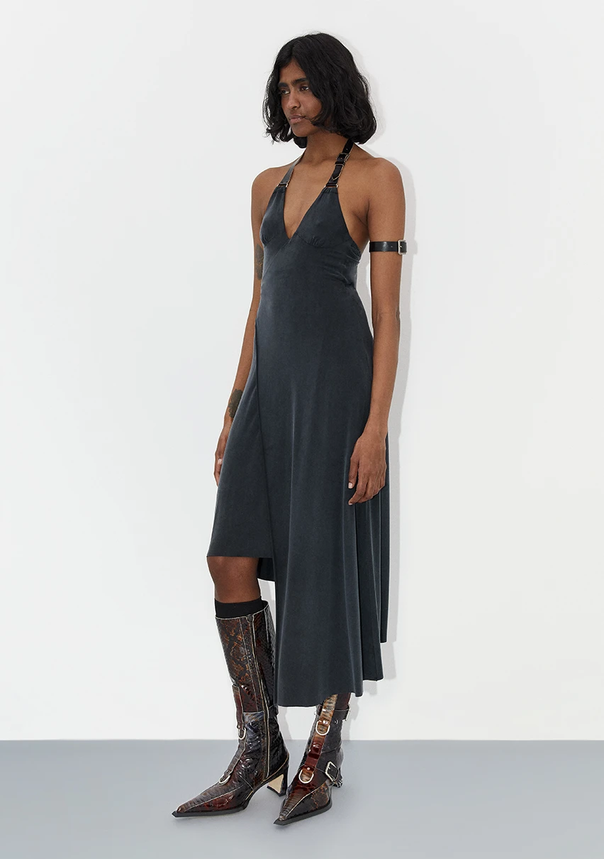 Total-donka-leather-arm-belt-eliya-brown-cira-black-cupro-dress-snake-buckled-tall-boots-CP-2