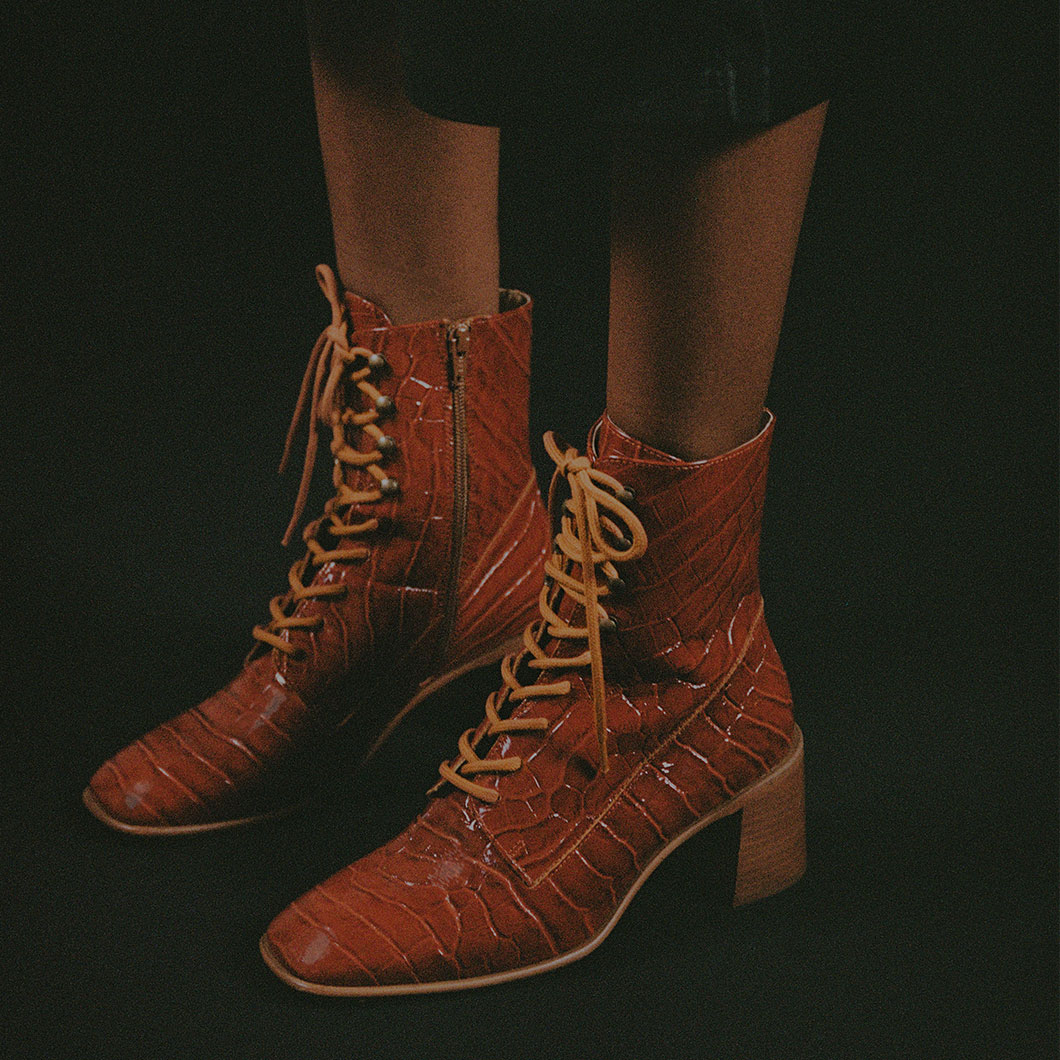 Emma Rust Croc Patent Ankle Boots // E8 