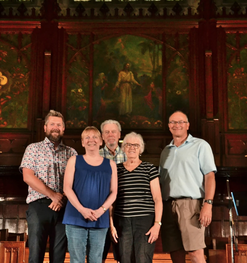BMI Group managing director Paul Veldman, Stratford Arts and Culture Collective co-chairs Chris Leberg and Ron Dodson, and members of Knox Church's redevelopment task force, Shirley Weitzel and Allan Rothwell standing inside Copperlight