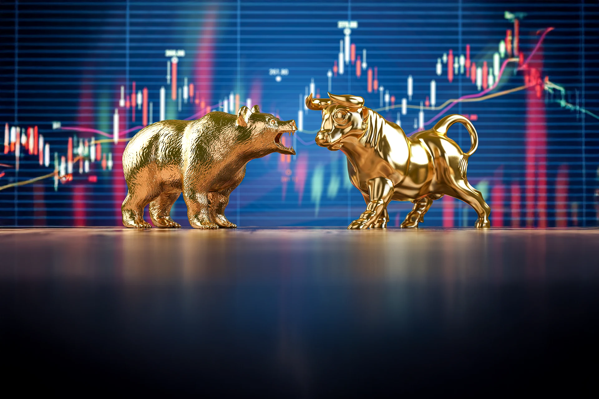 Golden bull and bear figurines with financial market chart background