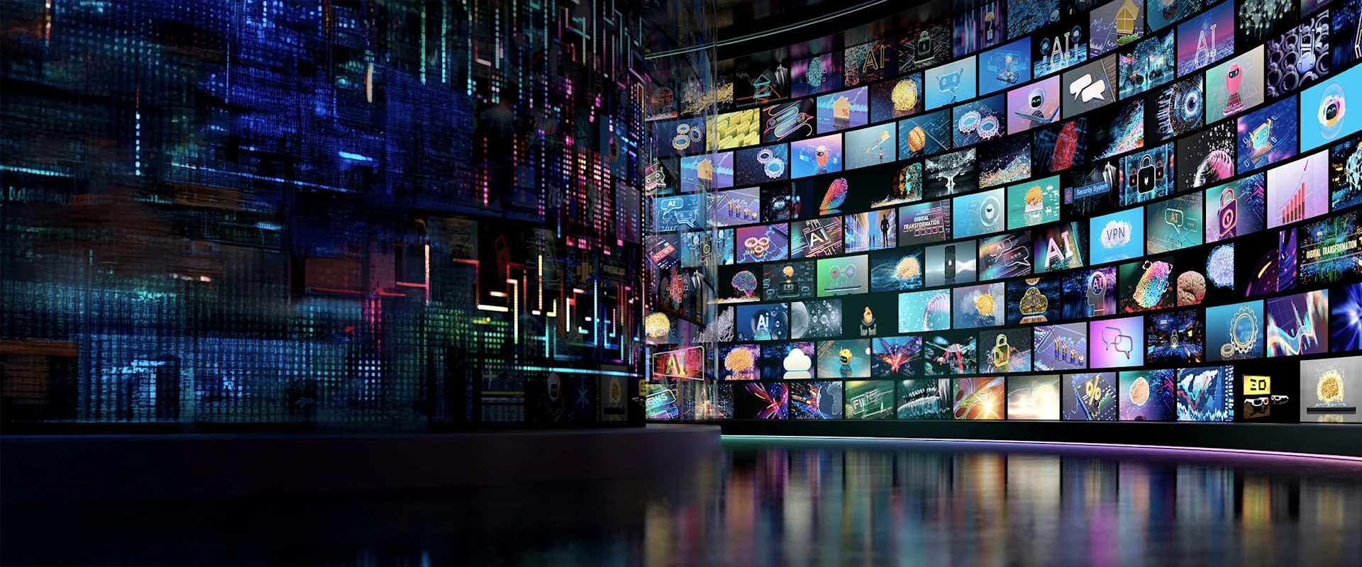 Digital wall with screens showing data visuals and symbolizing technology media and telecommunications