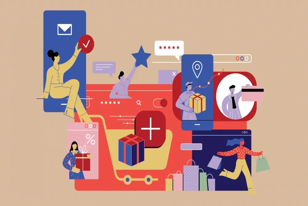 Retail professionals analyzing customer data and AI insights on digital retail platforms.