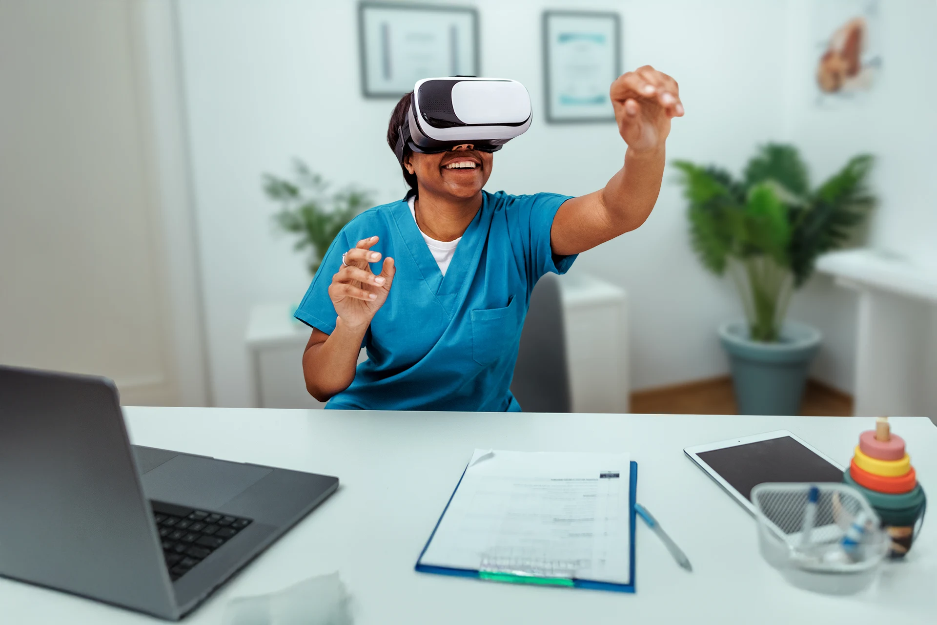 Healthcare professional using a VR headset for triage training session