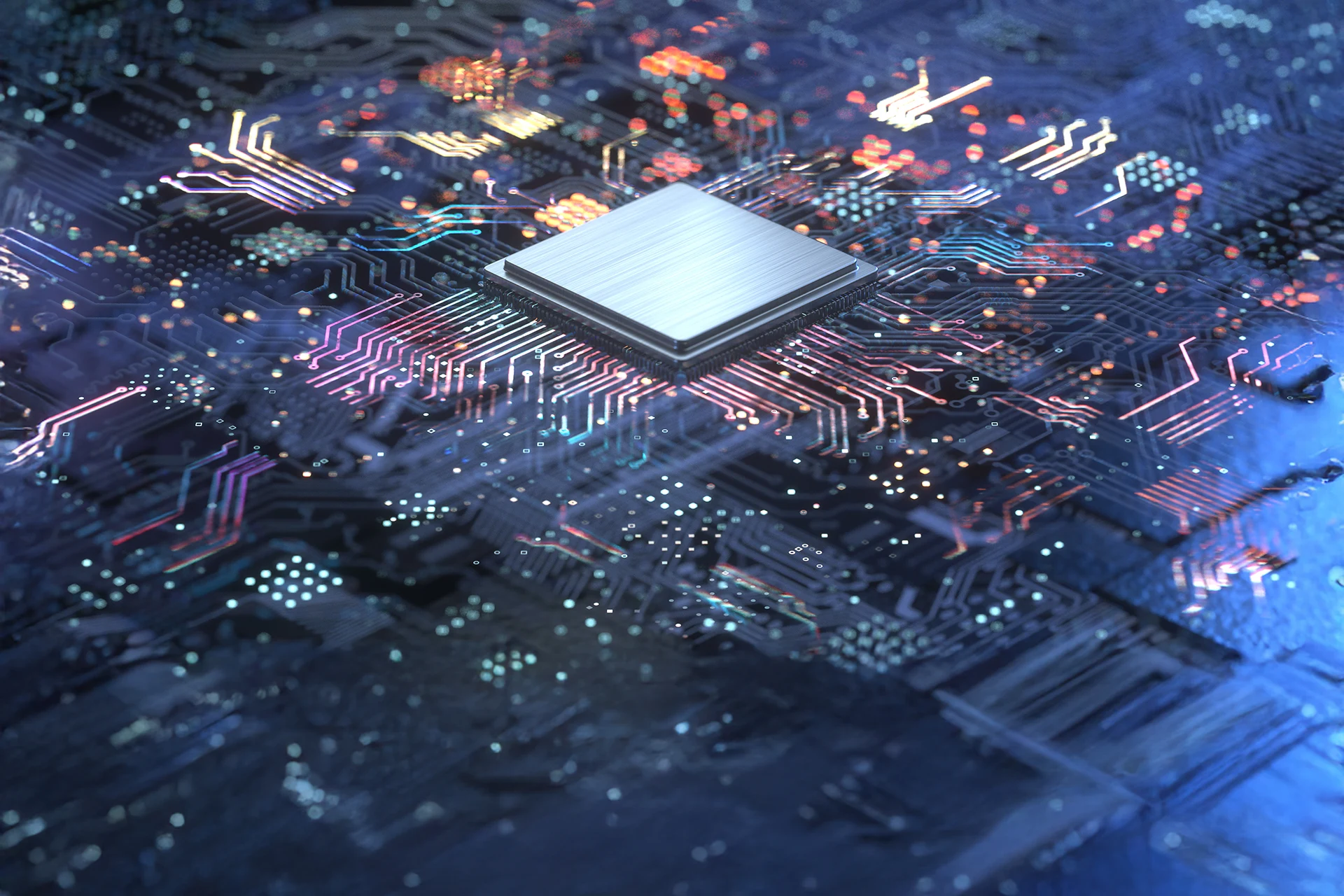 Close-up of a microchip on a circuit board, representing AI technology